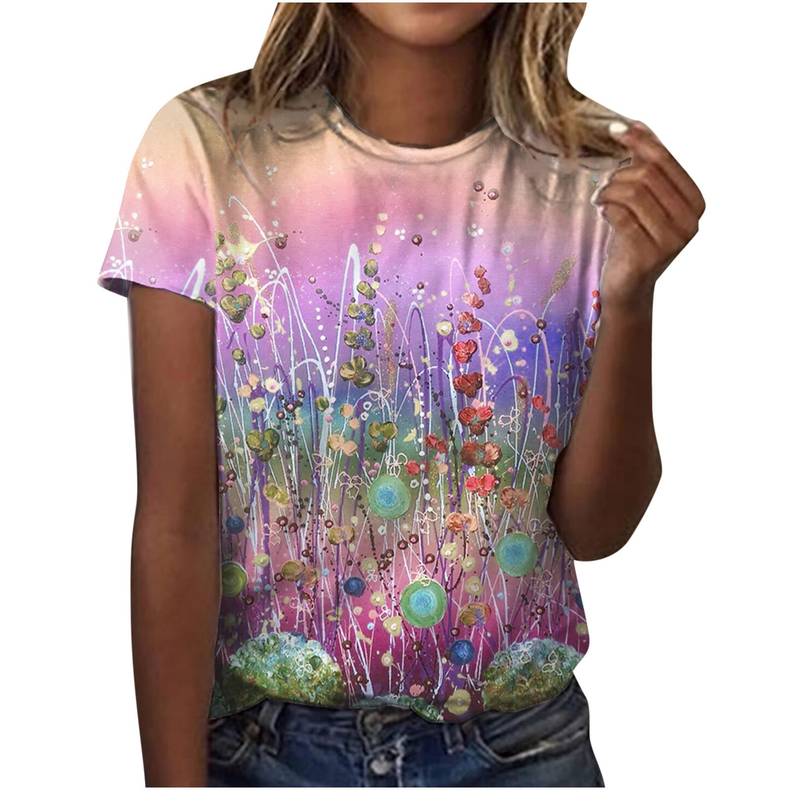 Women's Summer Crewneck T-Shirts - Fashion Casual Fitted Short Sleeve Floral Blouses for Ladies | Perfect for Beach Outings, Casual Dates & Summer Vacations