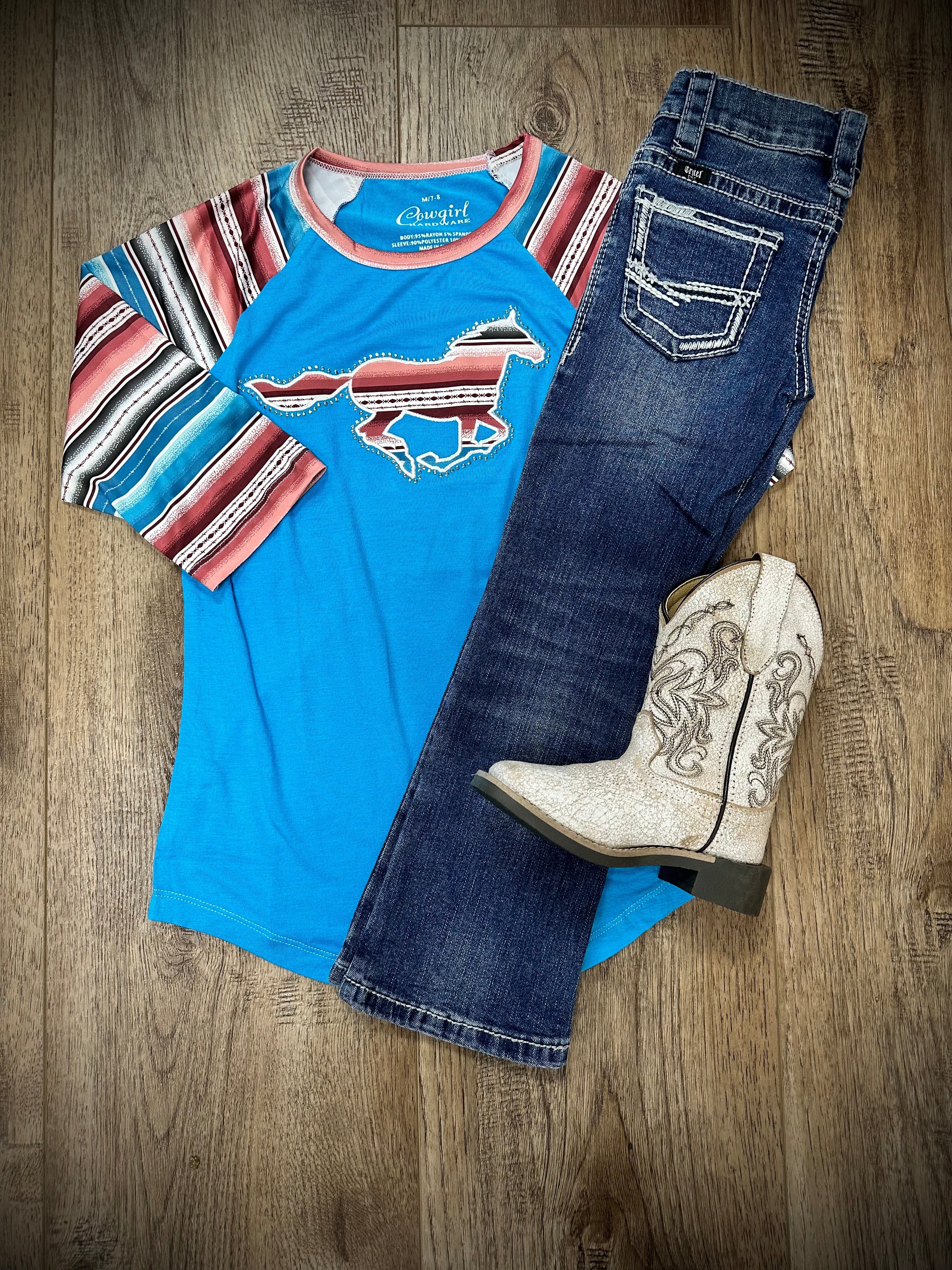 Youth Chevron Serape Horse Raglan Top - Trendy Mexican Style Long Sleeve Shirt for Girls, Perfect for Rodeo, Western Parties & Casual Wear
