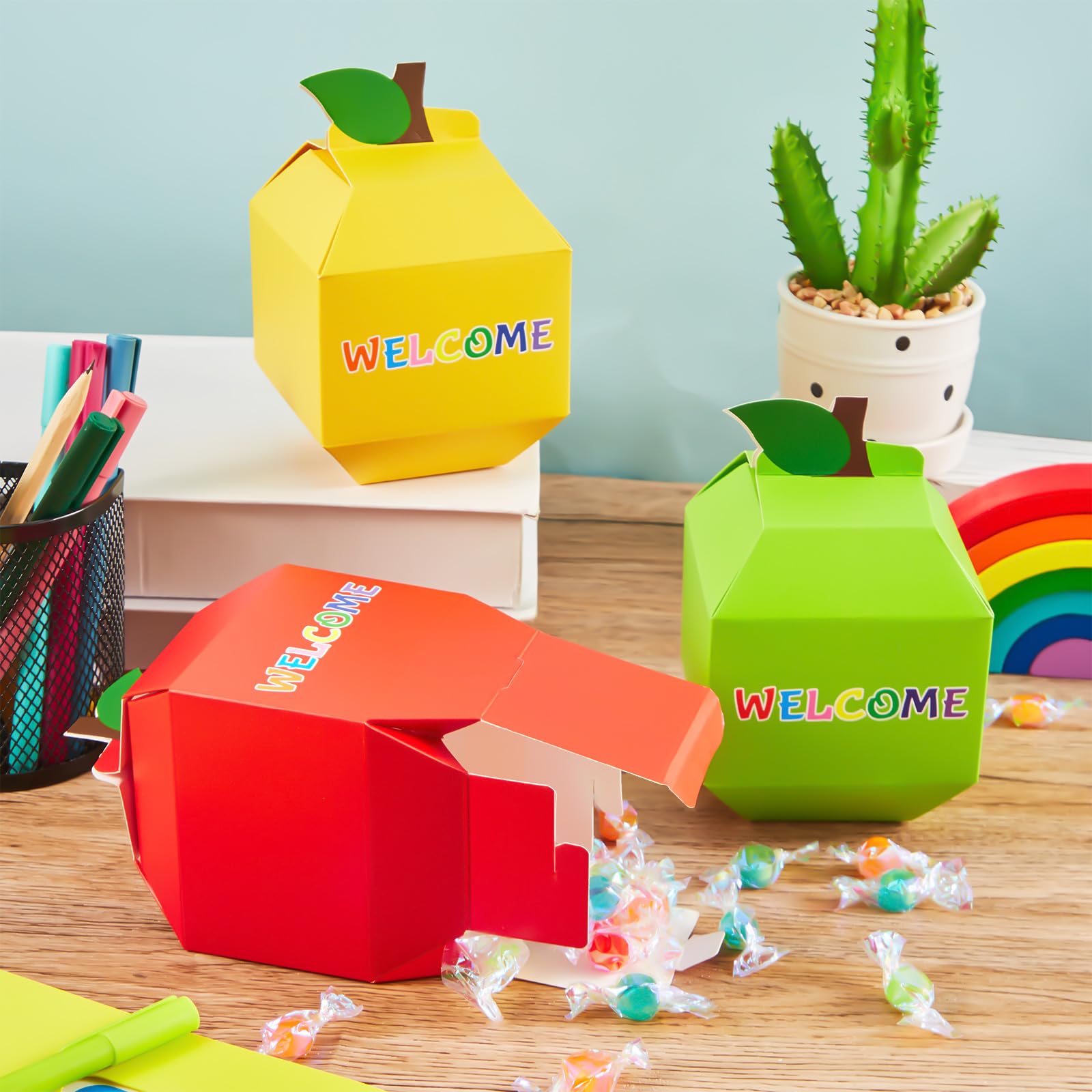 Qilery 24-Piece Welcome Back to School Gift Set - First Day of School Candy Box, Apple Pencil Shaped Treat Box, School Bus Favor Box & Backpack Gift Box for Classroom Decorations, Birthday Parties & Teacher Appreciation Gifts - Perfect for School Celebrations, Student Rewards & Party Favors (Apple Design)