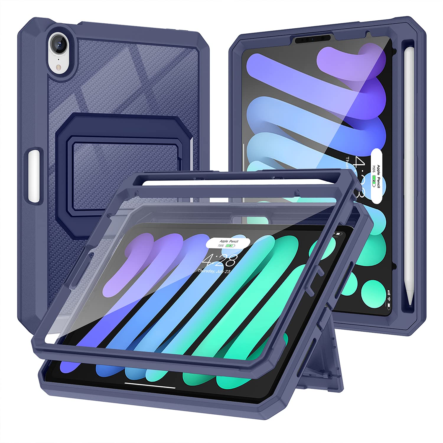 Soke Rugged Shockproof Case for iPad Mini 6th Generation (2021) 8.3 Inch - Built-in Screen Protector, Pencil Holder & Kickstand - Navy Blue | Perfect for Travel, Work & School Protection