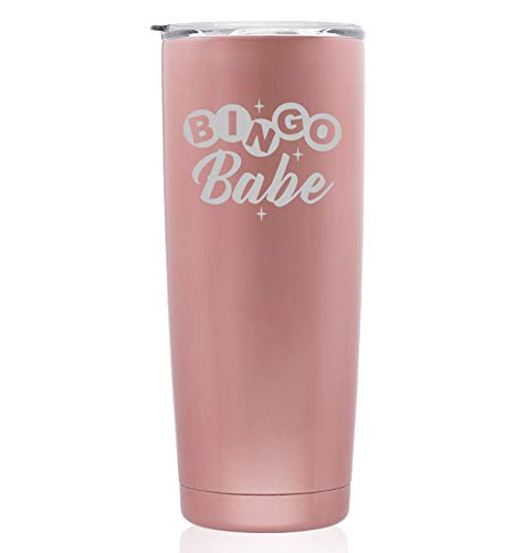 Rose Gold Double Wall Vacuum Insulated Stainless Steel Tumbler - 20oz Skinny Travel Mug for Hot & Cold Drinks - Perfect for Office, Gym, Hiking & Road Trips - Bingo Babe Collection