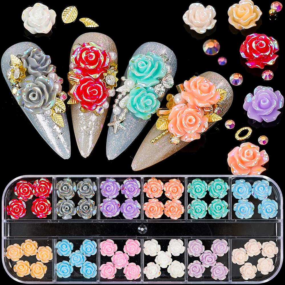 54Pcs 3D Colorful Rose Flower Nail Art Charms - Acrylic Nail Supplies for Women & Girls - Perfect for Nail Art, DIY Manicures, Bridal Nails, and Party Nail Decorations