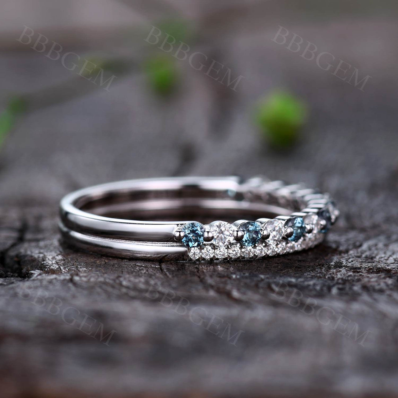 Exquisite Moissanite & Alexandrite Wedding Band in White Gold - Stackable Matching Ring for Women, Perfect for Bridal Sets, Anniversaries & Special Occasions