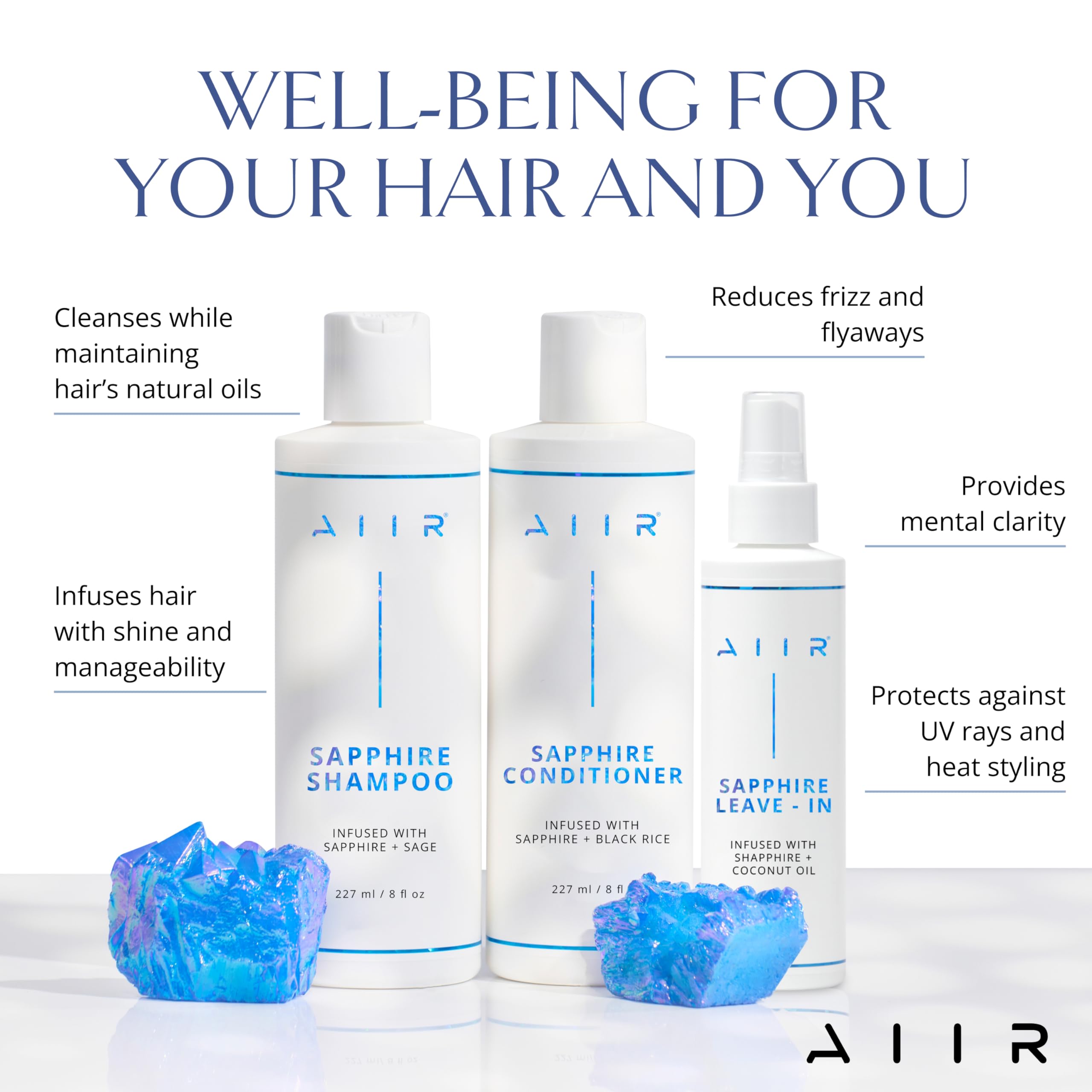 **AIIR Sapphire Shampoo & Conditioner Set for Color Treated & Damaged Hair - Sulfate Free, Coconut Oil Infused Hair Repair Bundle with Leave-In Treatment for Stronger, Healthier & Shinier Hair - Perfect for Daily Hair Care & Salon-Quality Results at Home**