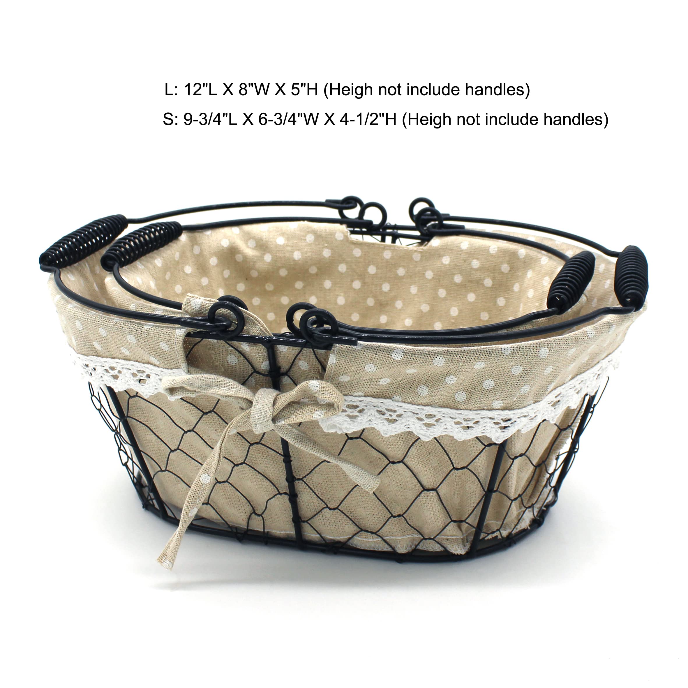 CVHOMEDECO Oval Chicken Wire Fruit Basket & Rustic Bread Basket with Sturdy Handle & Fabric Liner - Matt Black (Set of 2) - Perfect for Farmhouse Kitchen Decor, Picnics & Rustic Dining