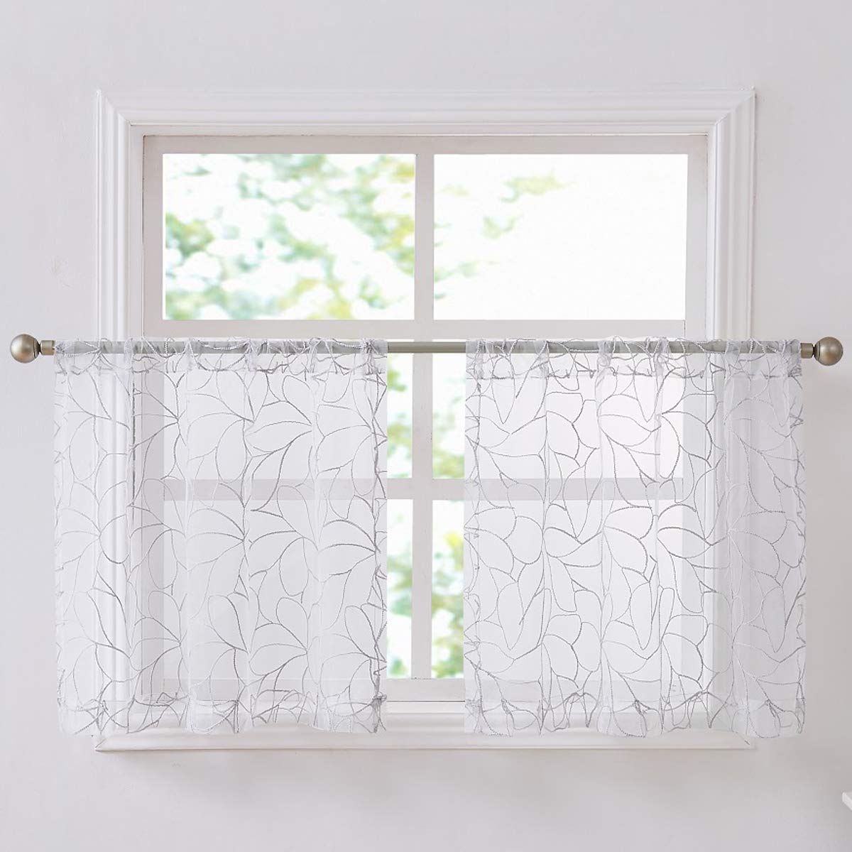 30 x 24 Inch Short White Kitchen Curtains with Silver Grey Thread - Boho Cafe Style Window Treatments for RV, Basement & Bathroom | Warm Home Designs