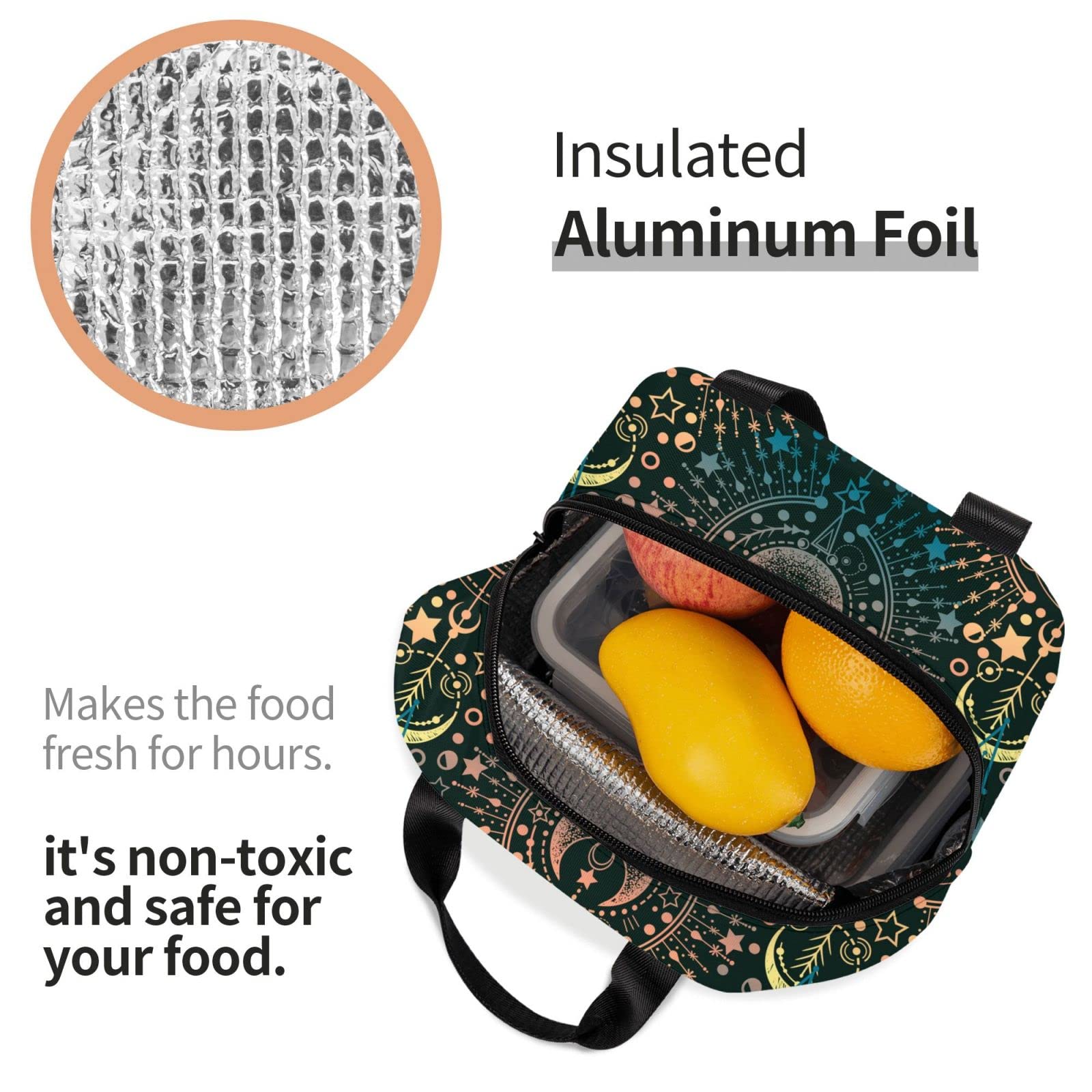 Insulated Waterproof Lunch Bag - Reusable & Portable Lunch Box for Women, Men, Girls & Boys | Astrology Moon Star Design | Perfect for School, Office, Picnics & Outdoor Activities