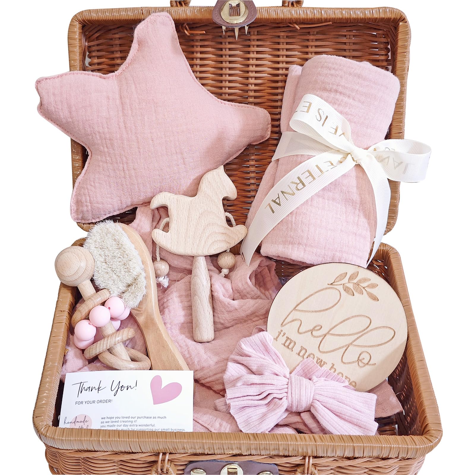 8-in-1 Newborn Baby Gift Set for Girls & Boys - Soft Star Security Blanket, Cotton Blanket, Baby Rattle & Wooden Milestone Cards (Pink) | Perfect Baby Shower Gift, Welcome Basket & First Birthday Present