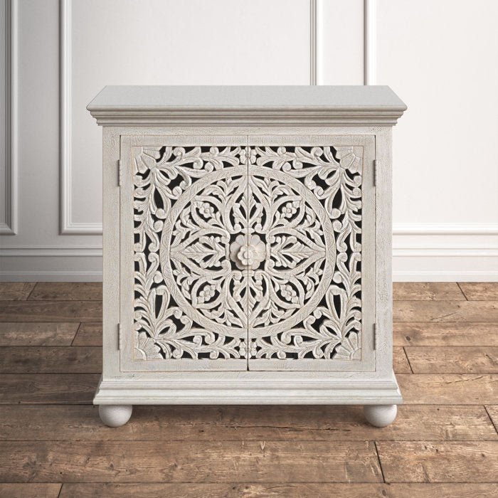 Hand Carved Solid Wood Two Door Accent Cabinet - White Distressed Finish | Rustic Farmhouse Storage Cabinet for Living Room, Bedroom & Entryway