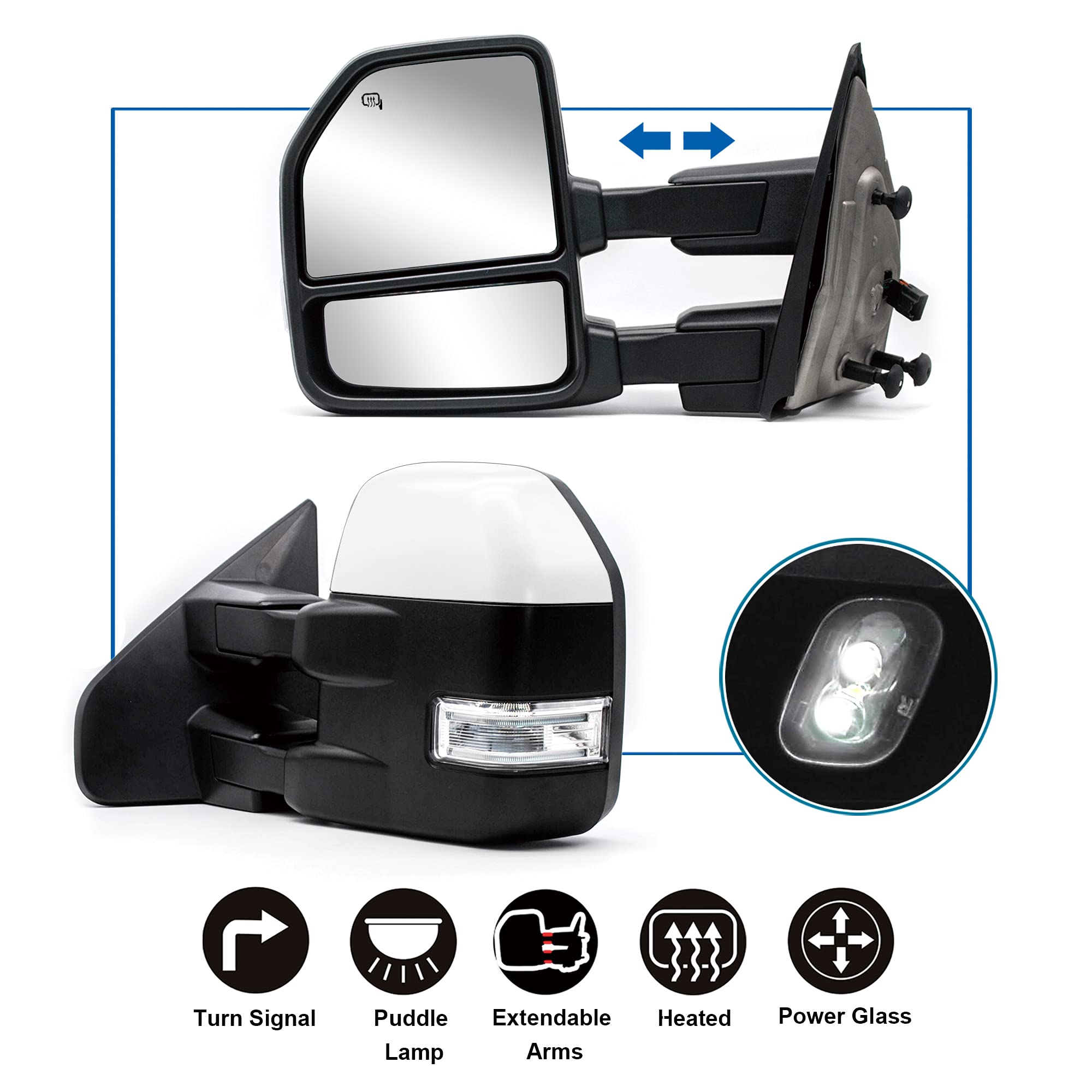 Upgraded Power Heated Towing Mirrors with LED Turn Signal & Puddle Lamp - Manual Folding Chrome Cap - Compatible with 2004-2014 Ford F150 Pickup Truck - Perfect for Enhanced Visibility & Safety While Towing or Night Driving