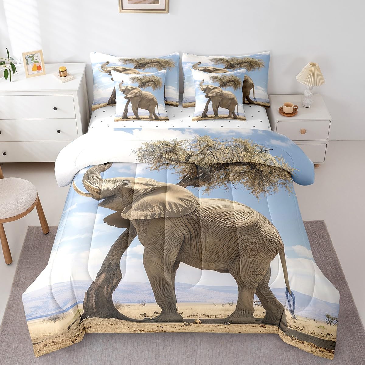 King Size Elephant Bedding Set for Kids & Adults - 7 Piece African Safari Wildlife Comforter Set with Pillowcases | Jungle Theme Bed in A Bag | Perfect for Nursery, Teen Room & Wildlife Lovers