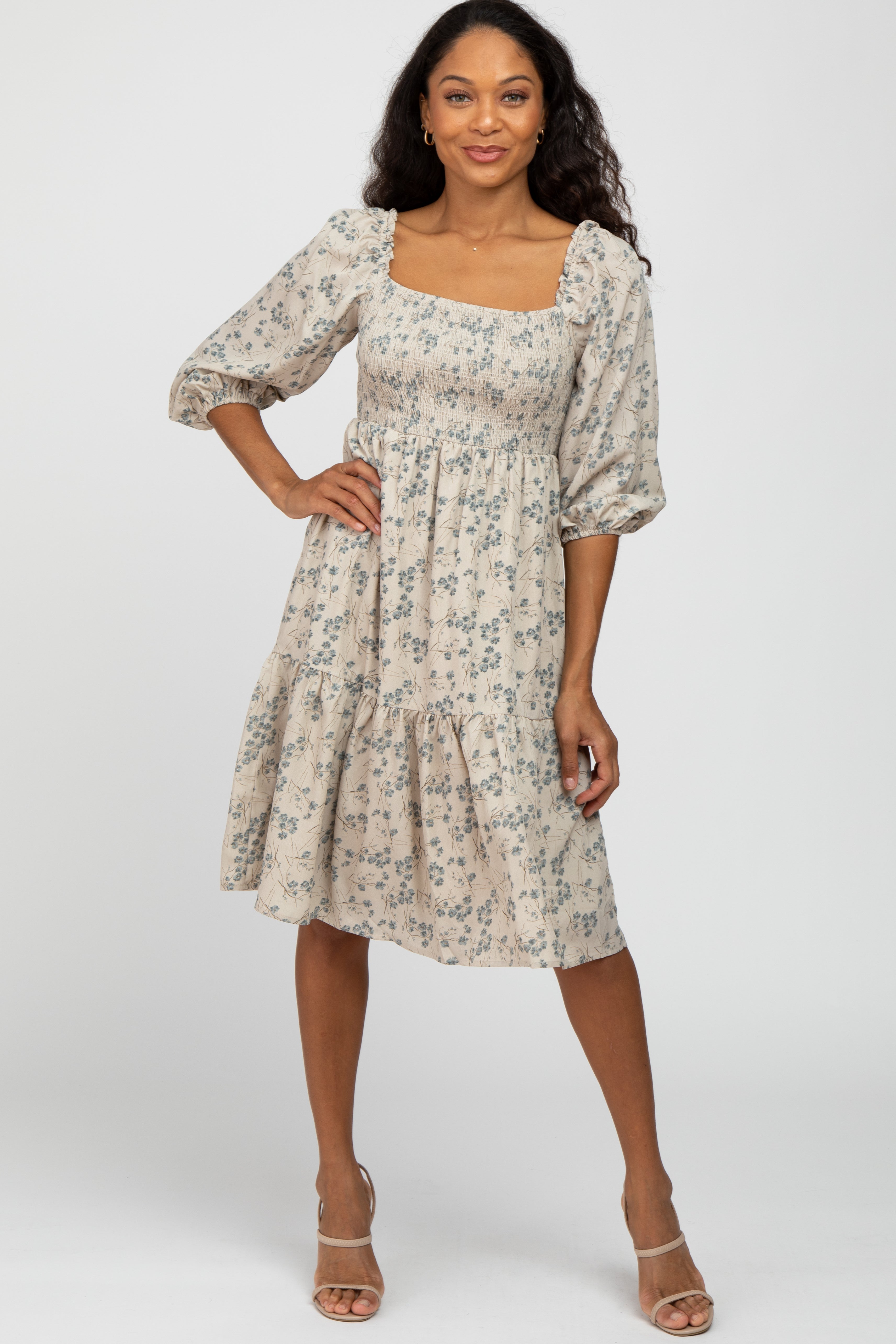 Beige Floral Tiered Maternity Dress for Women - Comfortable Pregnancy Dress with Ruffle Details - Perfect for Baby Shower, Maternity Photo Shoot & Summer Occasions