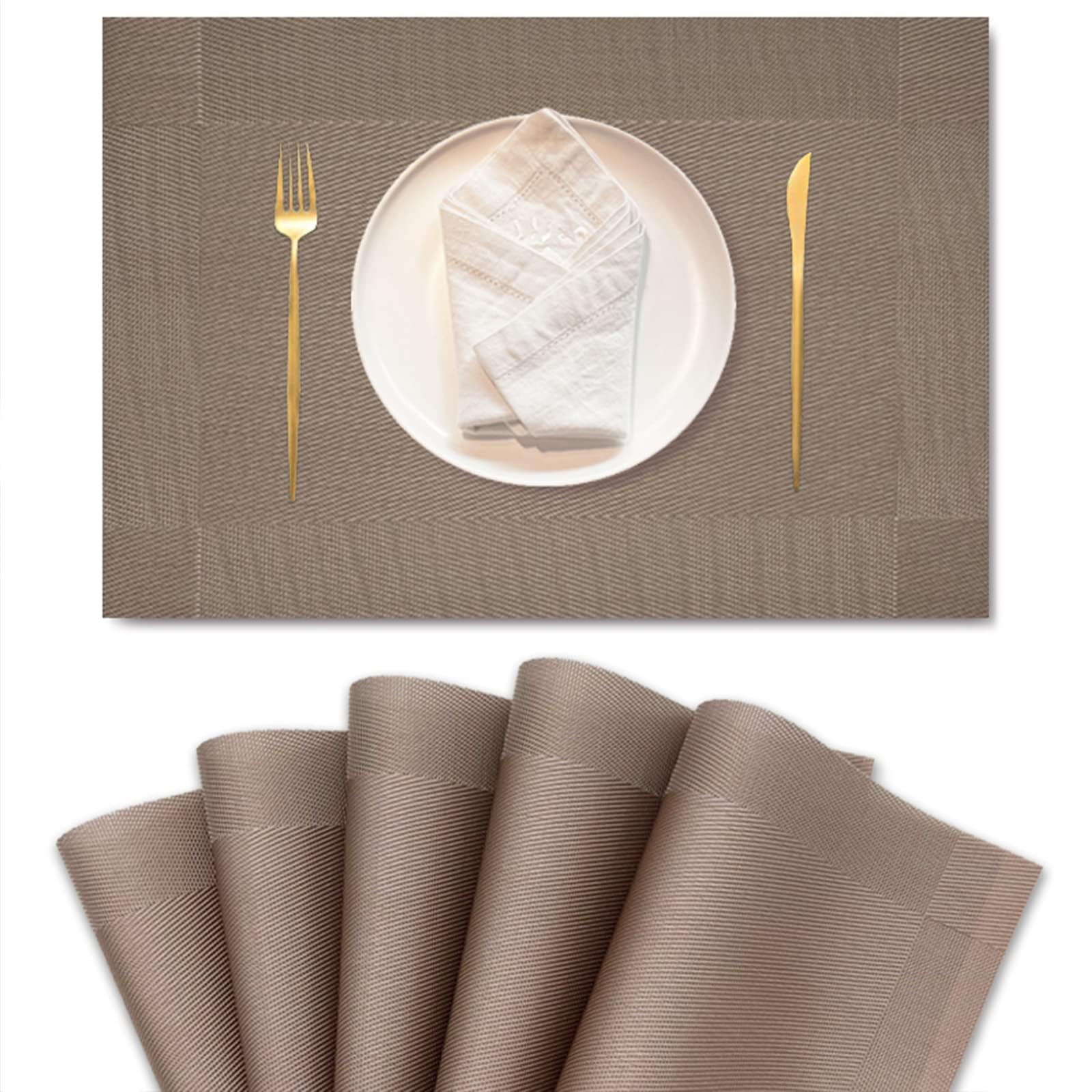 6-Pack PVC Heat-Resistant Placemats Set - Double Sided Washable & Easy Clean Table Mats for Dining, Kitchen, Restaurant - Golden Brown | Perfect for Everyday Meals, Dinner Parties & Holiday Gatherings