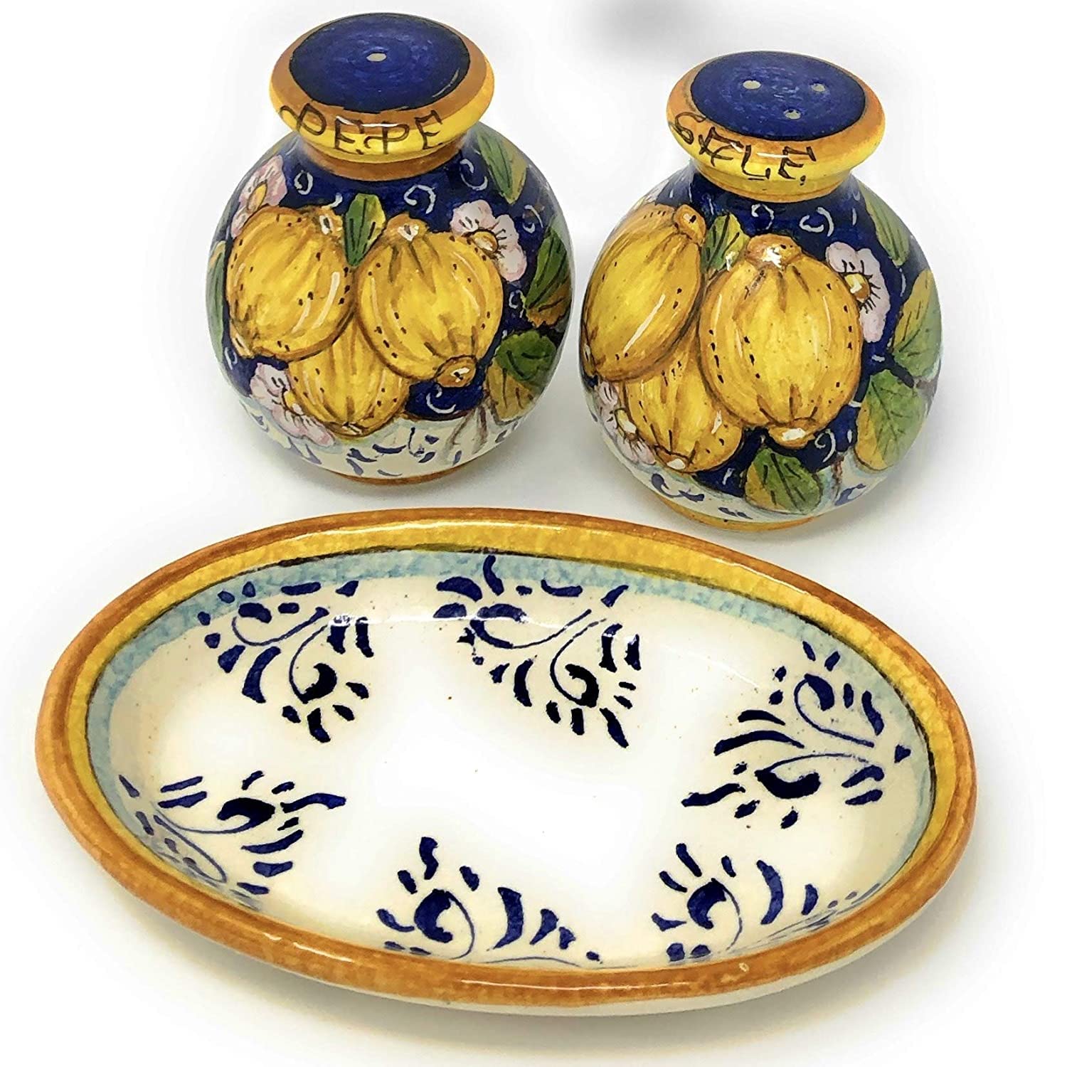 Italian Ceramic Salt and Pepper Shakers Set - Hand Painted Tuscan Art Pottery with Three Lemons Design, Blue Decorated, Made in Italy | Perfect for Kitchen, Dining Table, and Italian-Themed Home Decor