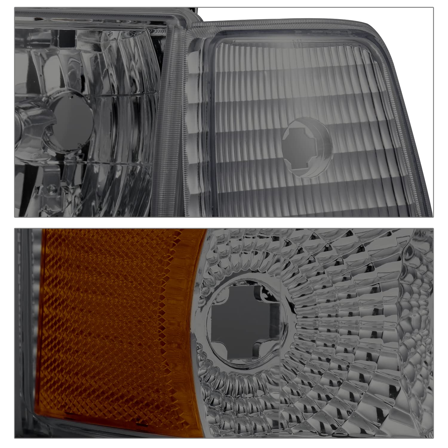 M-AUTO Chrome Amber Headlight Assembly Set for 1992-1996 Ford F-150 F-250 F-350 & Bronco - Complete Headlamps, Corner Lights & Bumper Lamps Kit (Driver & Passenger Side) - Upgrade Your Truck's Lighting for Night Driving & Off-Road Adventures