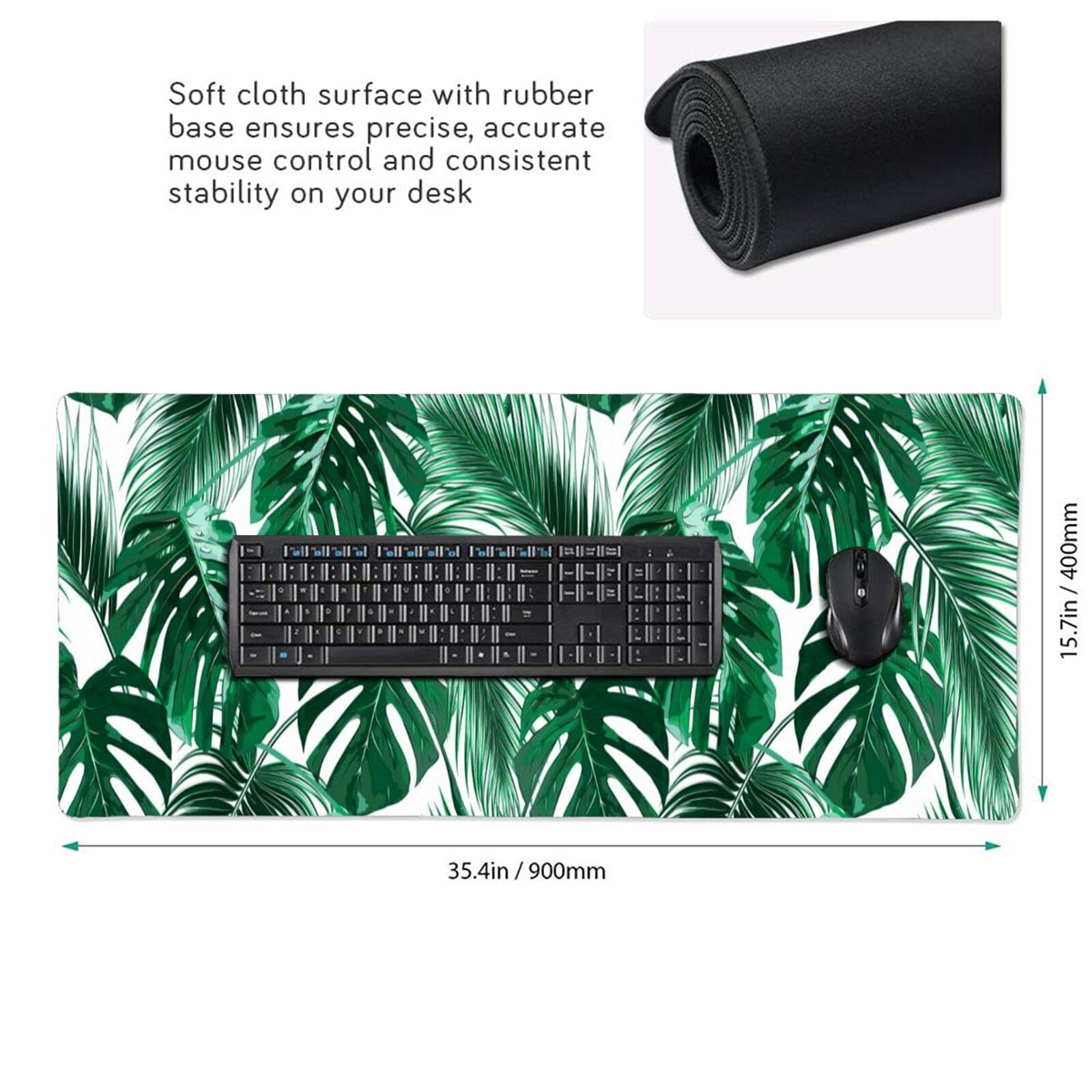 Large 35.4×15.7 Inch Tropical Palm Leaf Gaming Mouse Pad - Non-Slip Rubber Base, Stitched Edges, Waterproof Extended Desk Mat for Keyboard & Mouse - Perfect for Office, Home & Gaming Setup (Ergonomic Workspace Accessory)