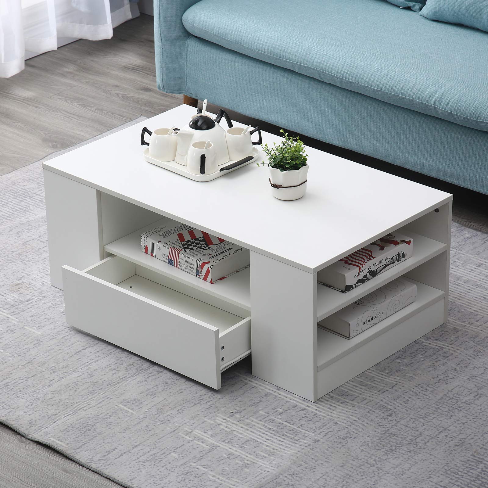 Modern Glossy Coffee Table with LED Backlight & Storage Drawer - Black/White, 37.4