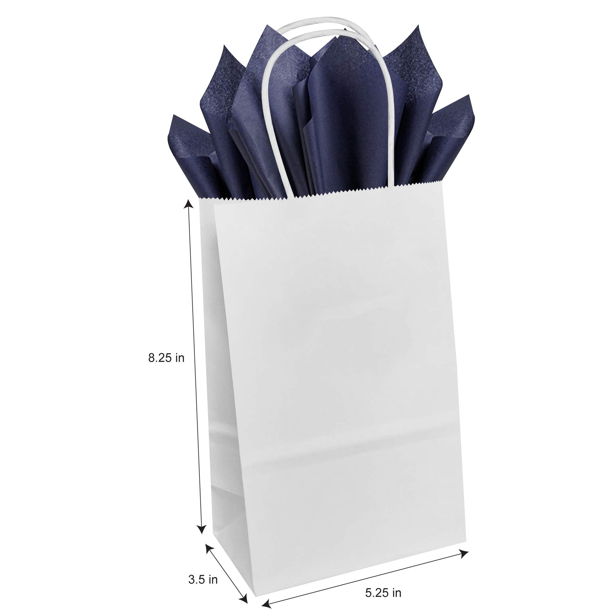 Premium White Kraft Paper Gift Bags with Navy Blue Tissue Paper - 5.25