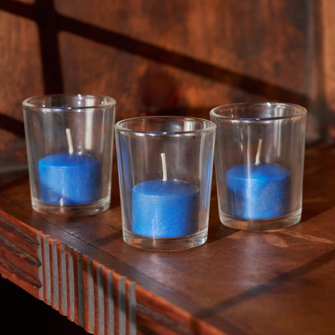 Simply Soson Bulk Votive Candles - 24 Pack Blue Unscented Candles with Glass Holders, 10 Hour Burn Time - Perfect for Weddings, Birthdays, Holidays & Home Decor - Ideal for Romantic Dinners, Spa Nights & Relaxation