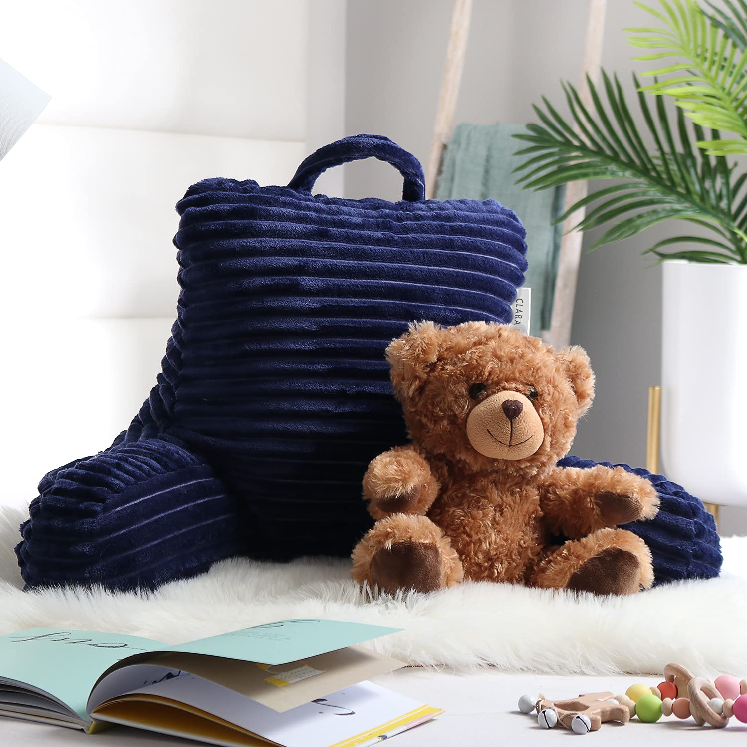 Clara Clark Kids Reading Pillow with Arms & Pockets - Soft Plush Back Support Pillow for Sitting Up in Bed, Shredded Foam Bed Chair - Perfect for Reading, Watching TV, or Gaming (Navy Blue)