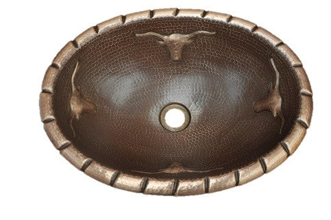 Handmade Oval Copper Sink with Longhorn Bull Design - Rustic Farmhouse Kitchen Decor for Bathroom & Bar Sink