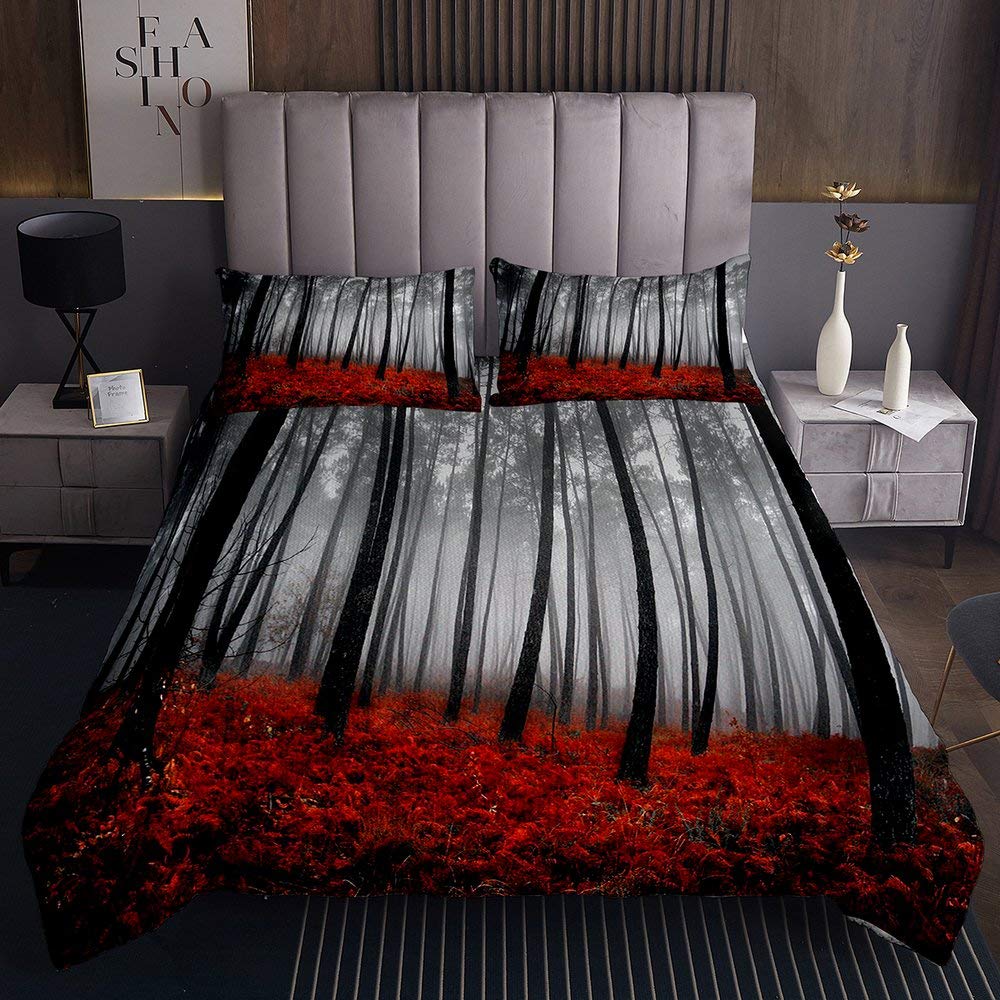 Erosebridal Misty Tree Print Queen Size Bedspread Set - Autumn Nature Farmhouse Bedding Coverlet for Teens & Youth, Countryside Quilt Set for Bedroom Decor | Perfect for Cozy Fall Nights & Farmhouse Style Bedrooms