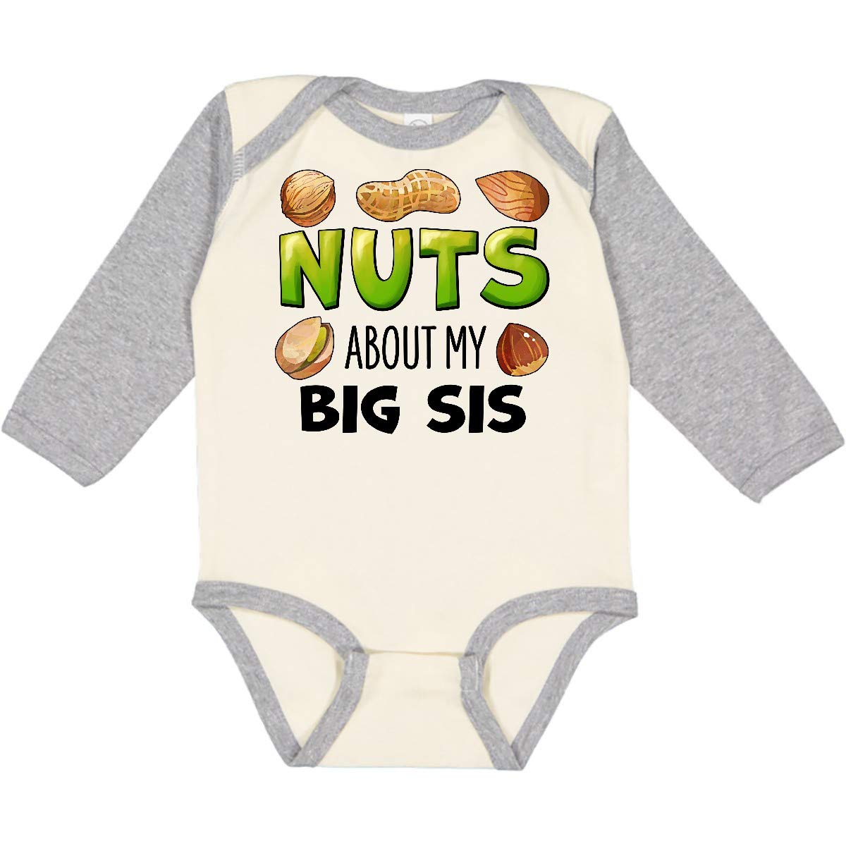 Inktastic 'Nuts About My Big Sis' Peanut, Almond, Pistachio Long Sleeve Baby Bodysuit - Cute Sibling Matching Outfit for Family Photos & Special Occasions