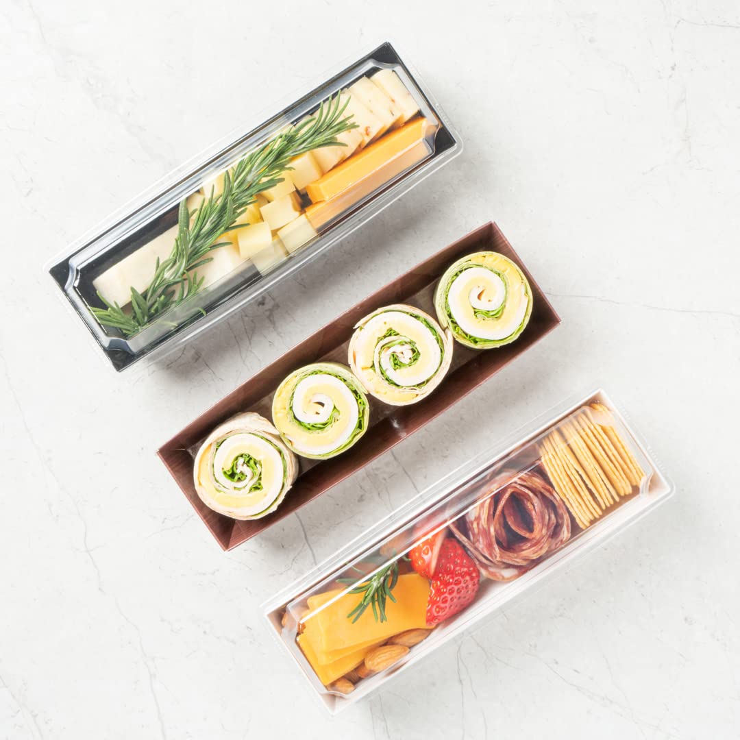 Restaurantware Matsuri Vision 6.5 x 1.7 x 1.4 Inch Disposable Sushi Trays - 100 Greaseproof Wood Grain Paper Sushi Containers for Appetizers, Desserts & Takeout (Lids Sold Separately) | Perfect for Japanese Restaurants, Catering & Food Delivery