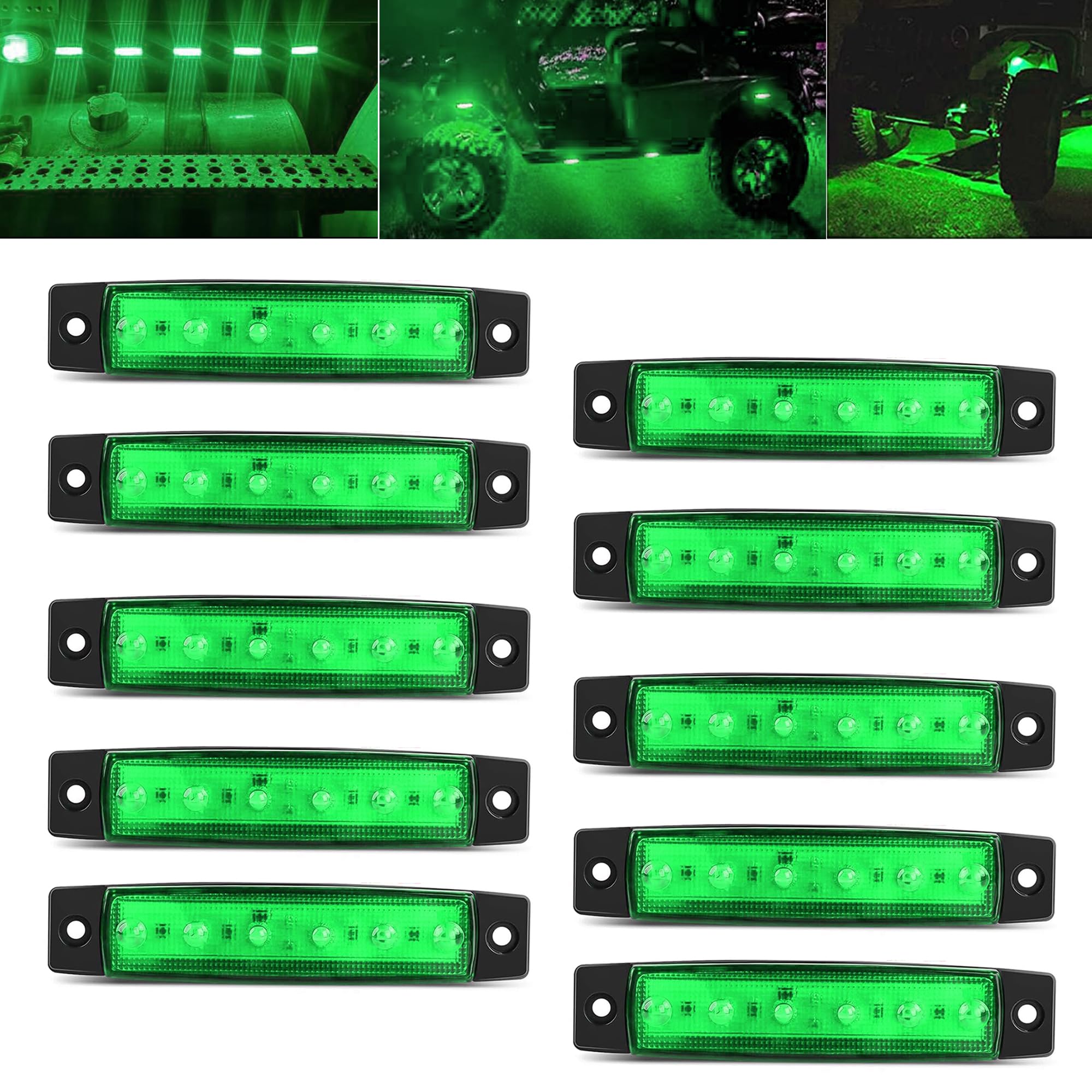 10 Pcs Green LED Rock Strip Lights - Wheel Well Underglow Lighting Kit for Cars, Trucks, SUVs, RVs & Golf Carts | Waterproof Off-Road Side Marker Lights for Wrangler & Jeep | Perfect for Night Driving, Off-Roading & Custom Car Shows