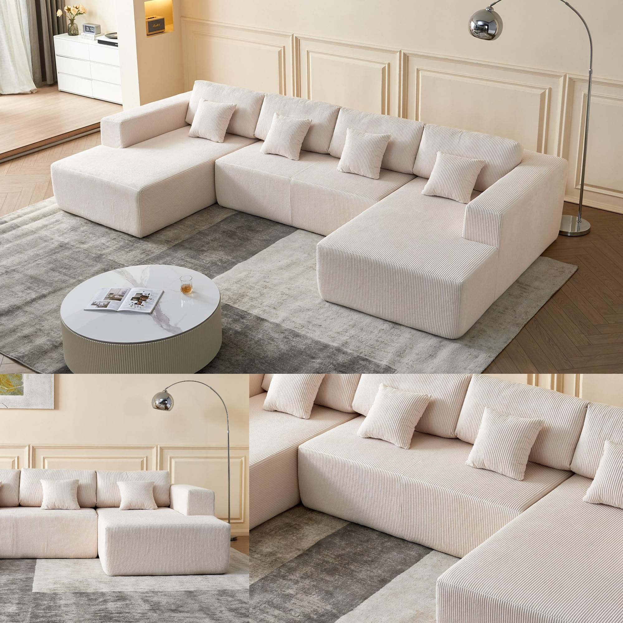 Luxury U-Shaped Sectional Sofa Set with Plush Corduroy Fabric & Reversible Chaise - 4-Seater Comfort Couch with Supportive Backrests for Living Room, Apartment - Perfect for Family Gatherings & Movie Nights (White)
