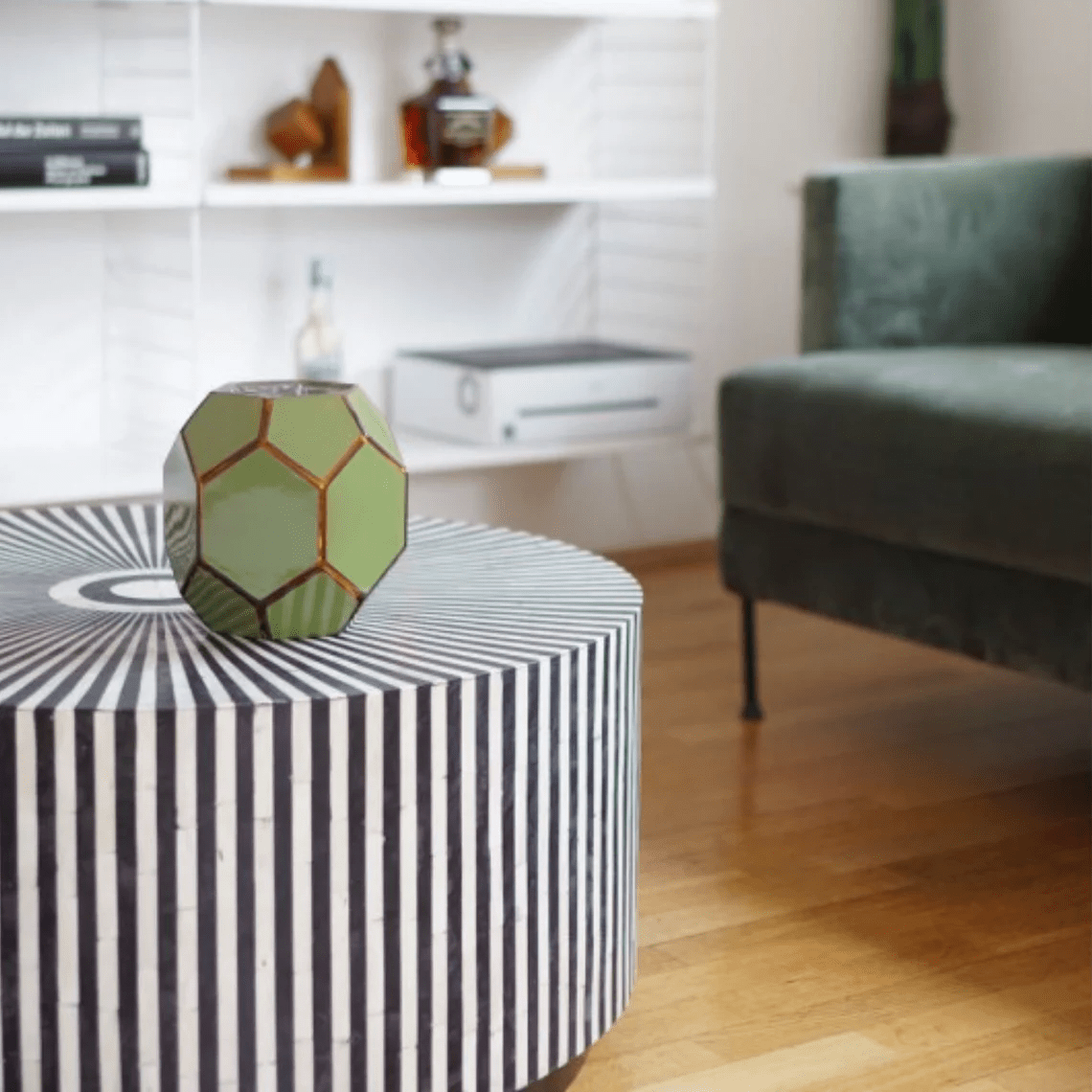 Handmade Bone Inlay Round Coffee Table - Black & White Striped Design - Boho Chic Home Decor - Perfect for Living Room, Lounge & Office Spaces