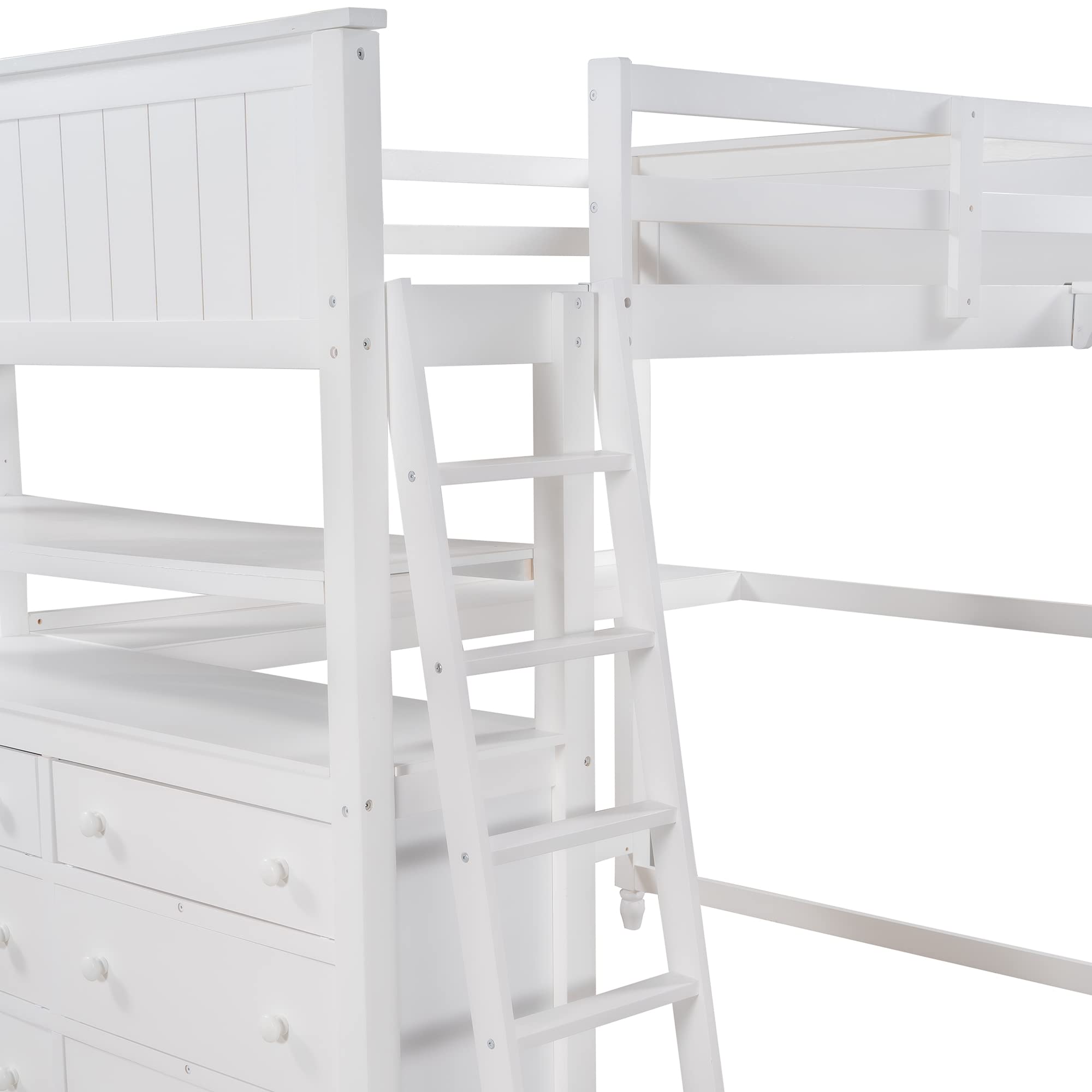 Modern Solid Pine Wood Full Size Loft Bed with Drawers, Desk & Shelves - Sturdy High Sleeper for Kids, Teens & Adults (White+A) - Perfect for Small Bedrooms, Dorms & Space-Saving Kids Rooms