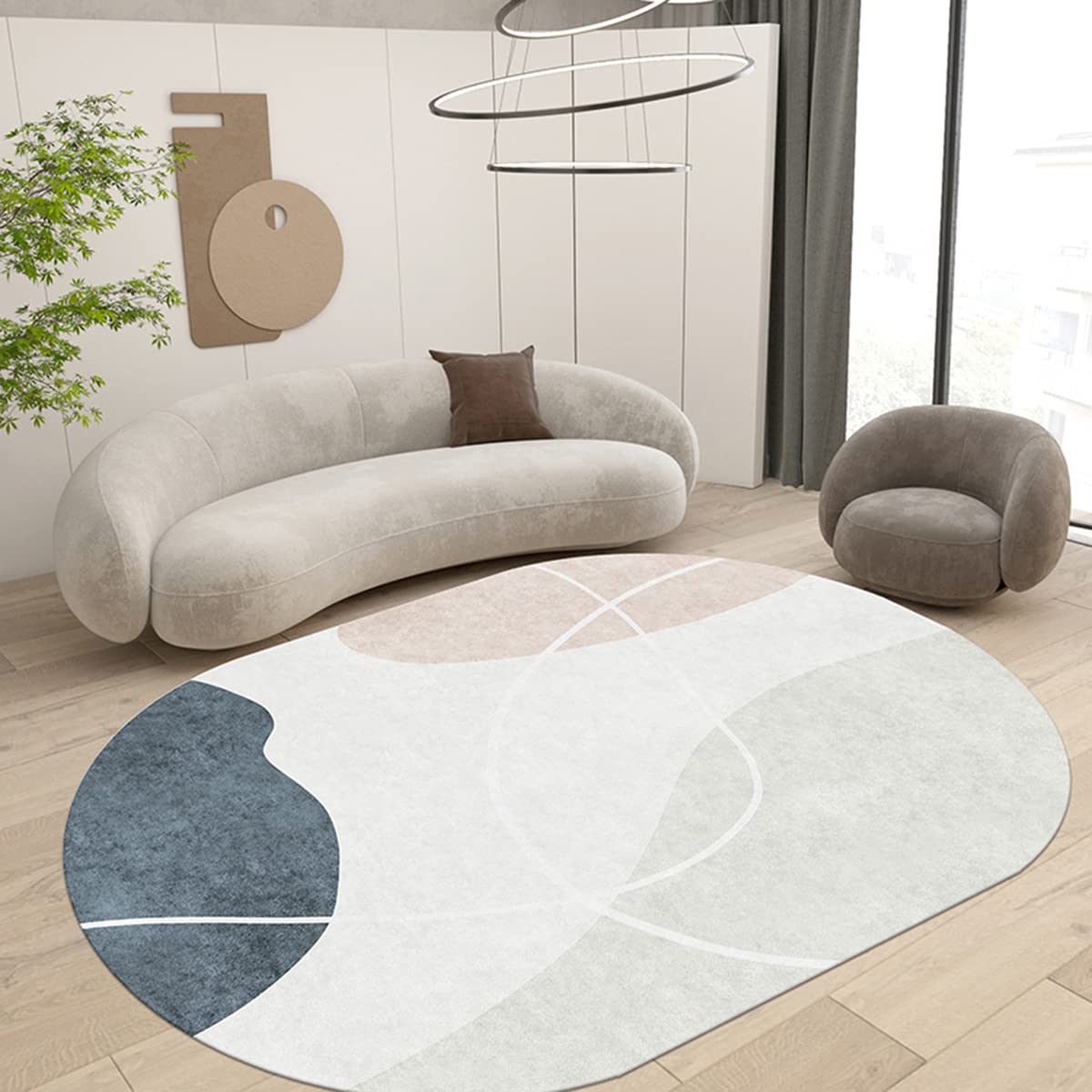 Modern Echo Circle Geometric Area Rug 5x7ft - Cream Illusion Carpet for Living Room, Bedroom & Dining Room - Luxury Indoor Outdoor Washable Accent Rug - Perfect for Home Decor, Kitchen, Laundry & Bathroom Mats