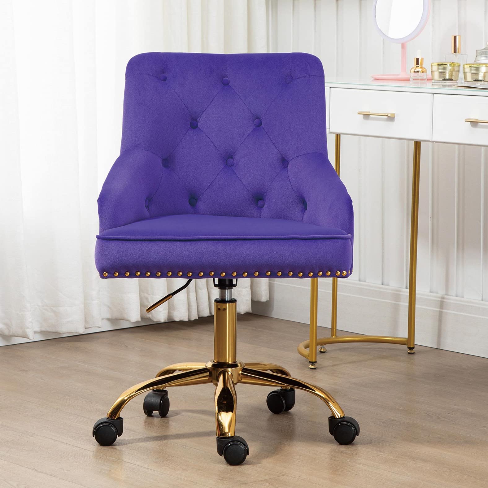 Modern Velvet Swivel Desk Chair with Wheels - Mid-Back Office Computer Task Chair for Women, Elegant Upholstered Vanity Chair in Purple & Gold (W Type) - Perfect for Home Office, Living Room, Bedroom & Dorm Decor