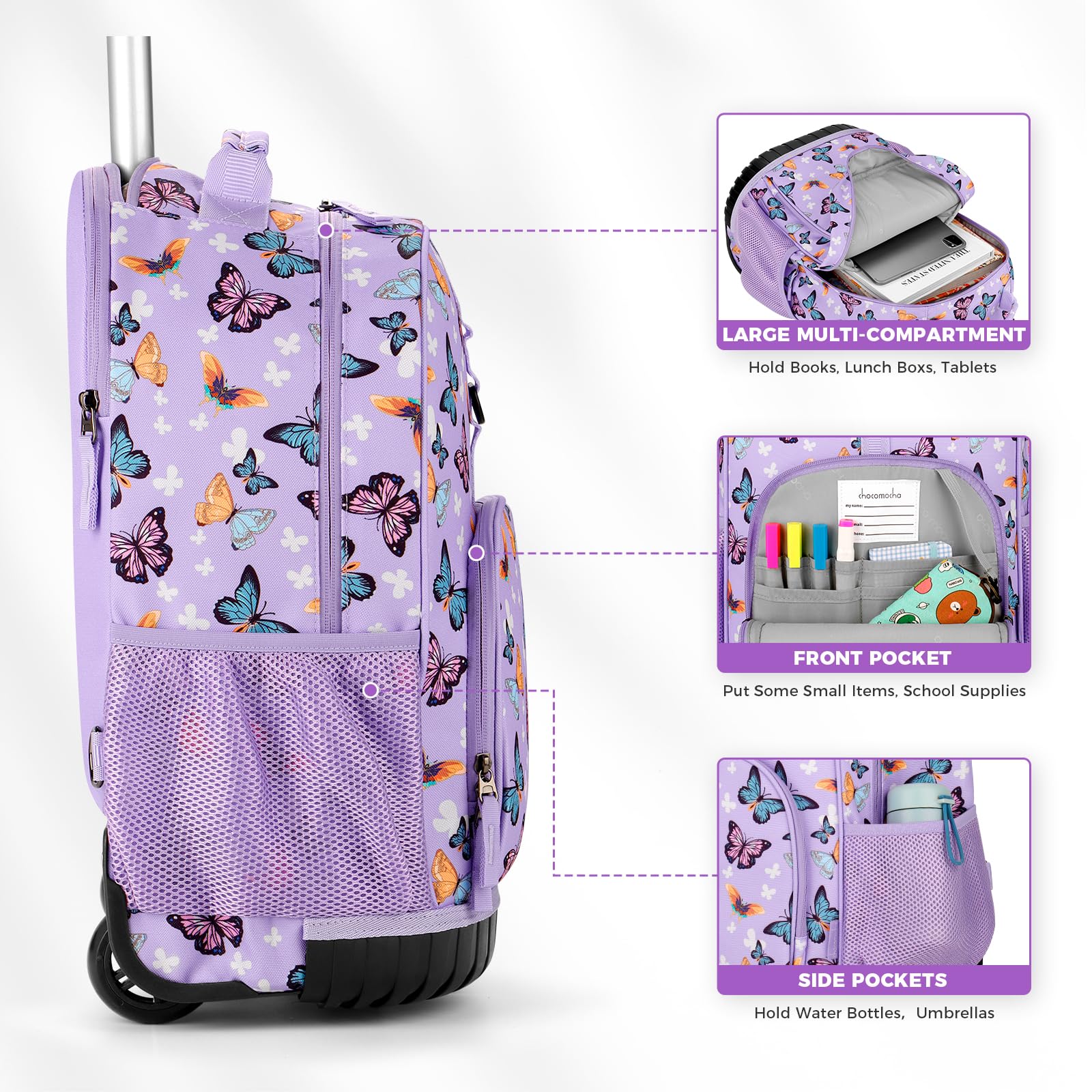 Choco Mocha 18 Inch Rolling Backpack for Girls - Kids Wheeled School Bookbag with Matching Lunch Box Set | Butterfly Purple Design | Perfect for Elementary School, Travel & Daily Use