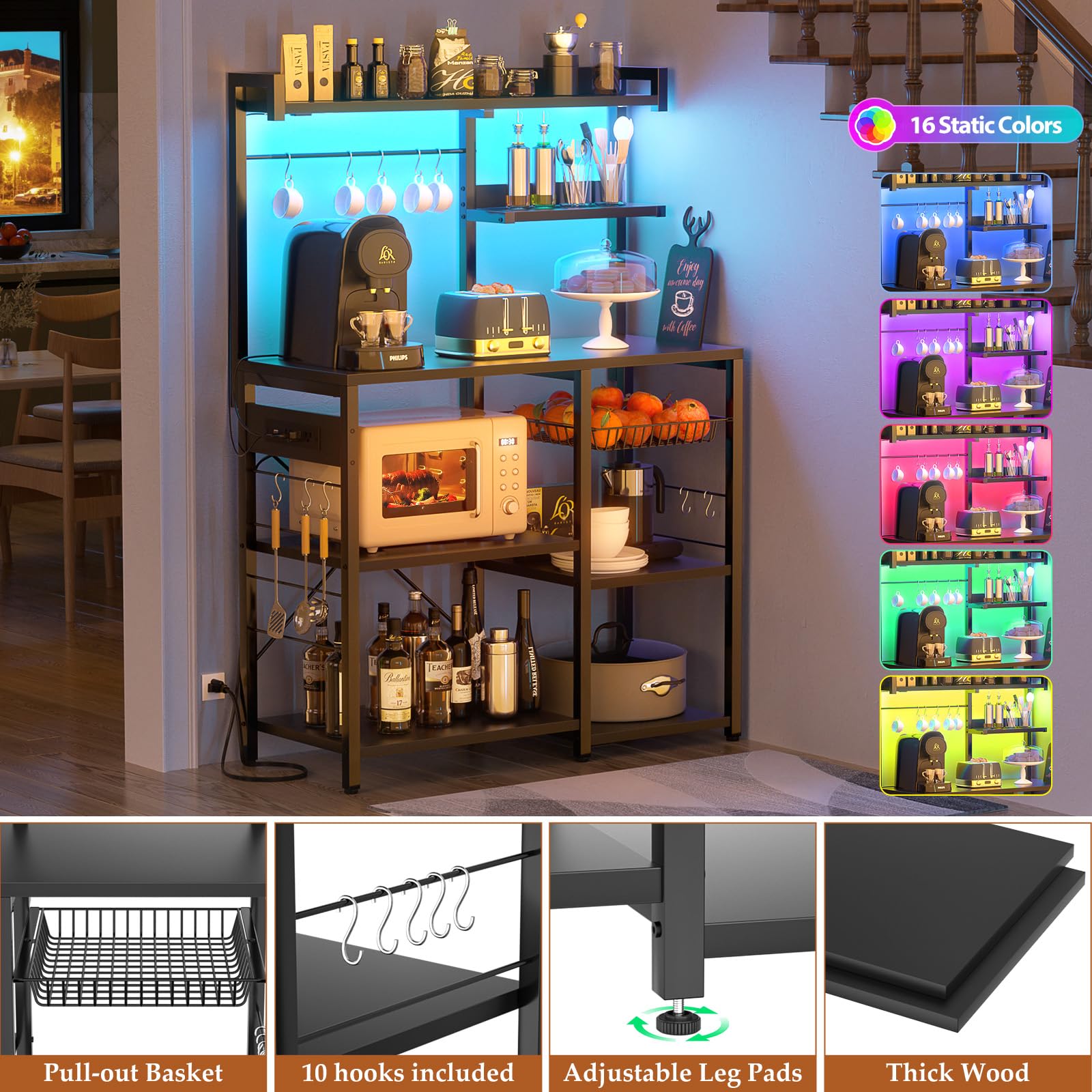 Aheaplus Bakers Rack with Power Outlet & LED Lights - Kitchen Storage Shelf with Wire Basket, Microwave Stand, Coffee Bar Station - Includes 10 Hooks for Spices, Pots & Pans - Perfect for Small Kitchens, Apartments & Coffee Stations (Black)