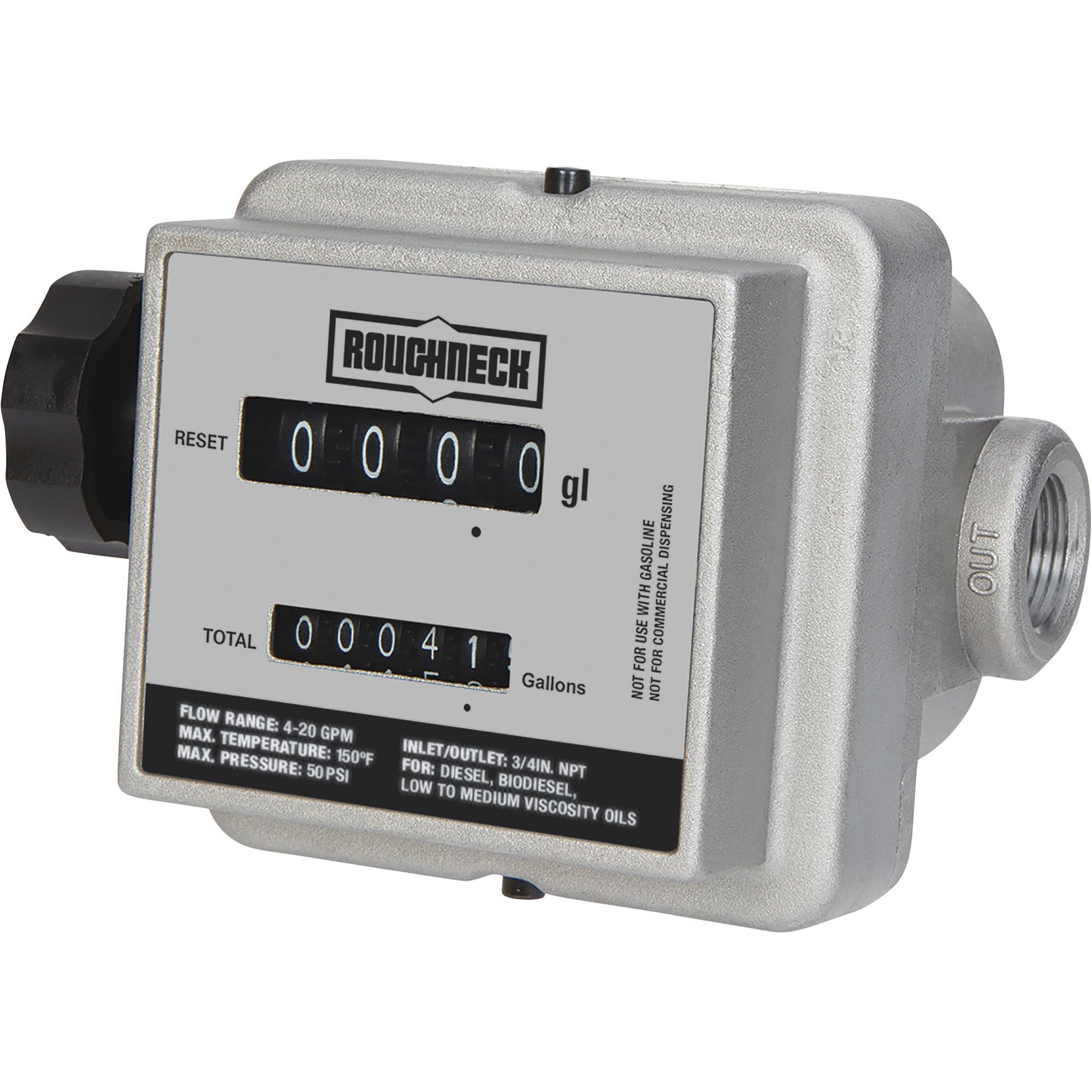 Roughneck Mechanical Fuel Meter - 4-20 GPM Flow Rate, 3/4 Inch Inlet & Outlet - Perfect for Diesel, Gasoline & Kerosene Transfer in Agriculture, Construction & Marine Applications