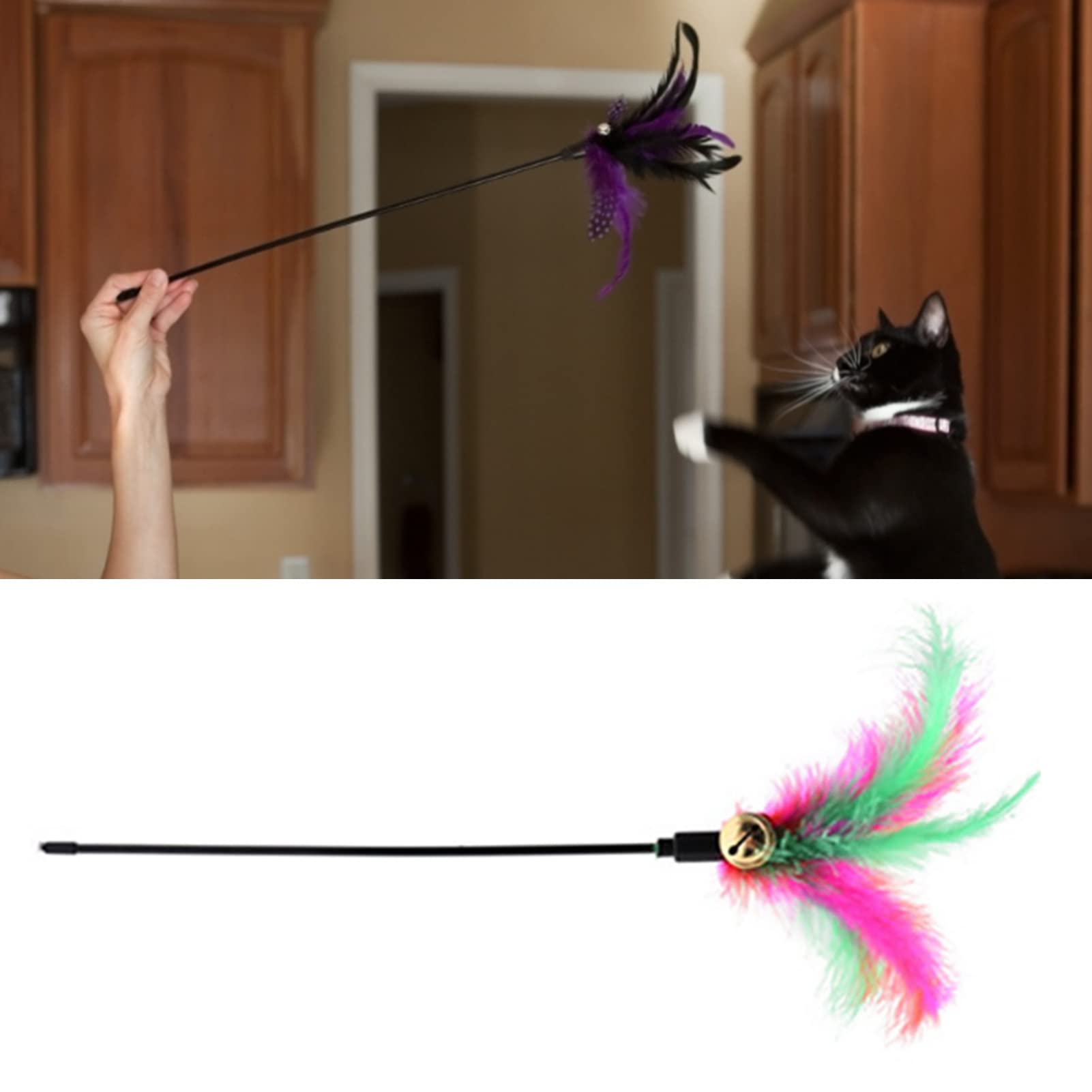 Interactive Cat Wand Toy with Feather & Bell - 1PC Teaser Wand for Indoor Cats - Fun Exercise & Training Toy for Kittens - Perfect for Playtime, Chasing & Bonding with Your Cat