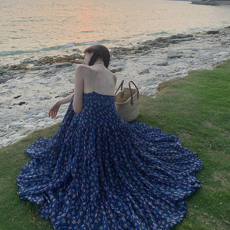 Blue Floral Summer Dress for Women - Spaghetti Strap V-Neck Long Skirt | Beach Holiday, Party & Vacation Outfit