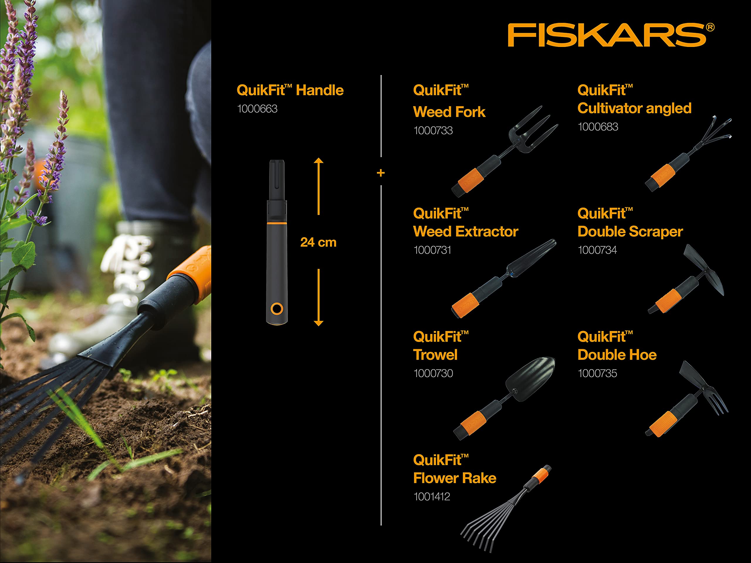 Fiskars QuikFit Double Scraper Hoe - 18.5 cm Steel Garden Tool Head with Black/Orange Handle (Model 1000734) - Ideal for Weeding, Cultivating & Soil Preparation in Home Gardens & Farms