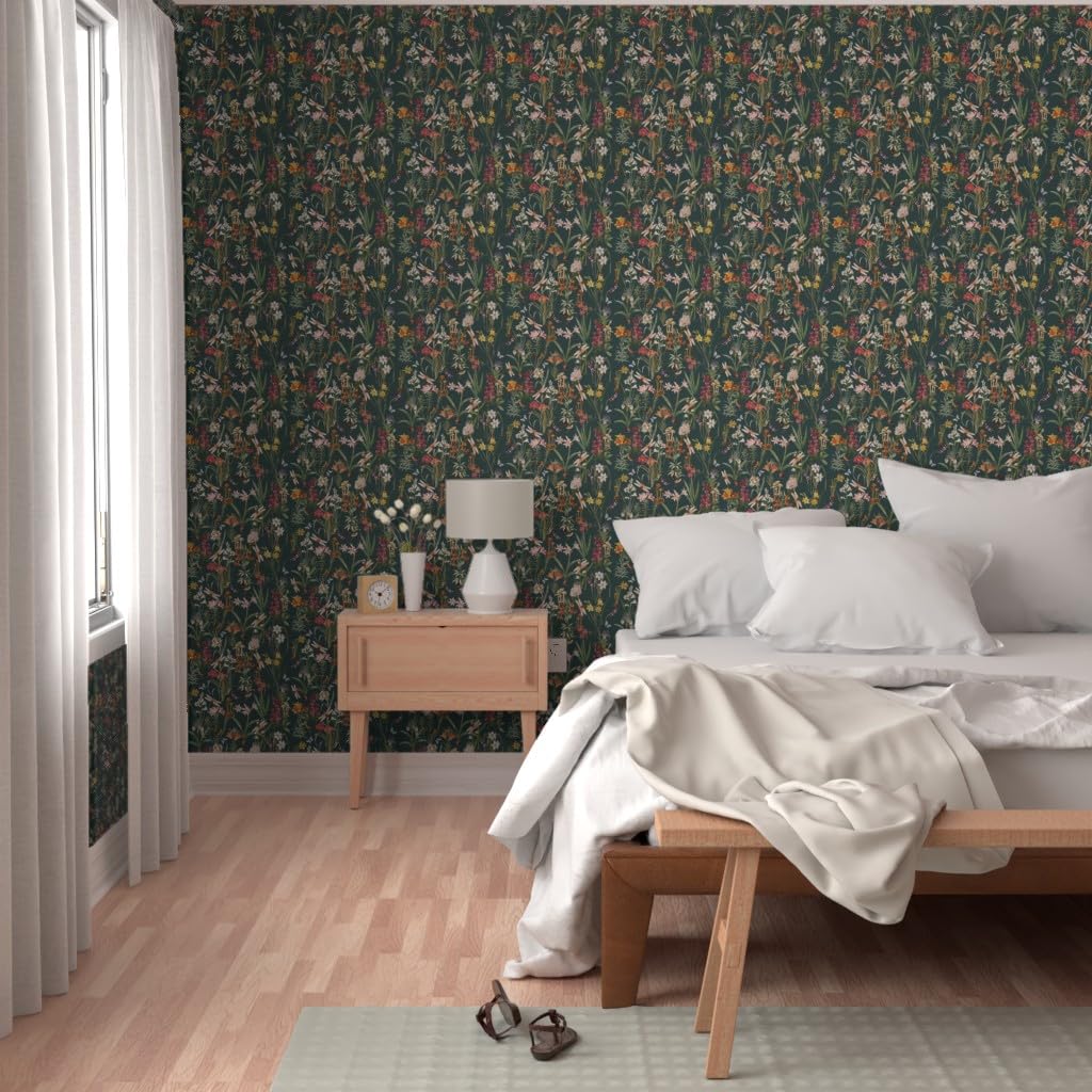 Peel & Stick Wallpaper 12ft x 2ft - Garden Dragonflies Spring Botanical Woodland Floral Custom Removable Wallpaper by Spoonflower | Perfect for Bedroom, Nursery, Living Room & Office Decor