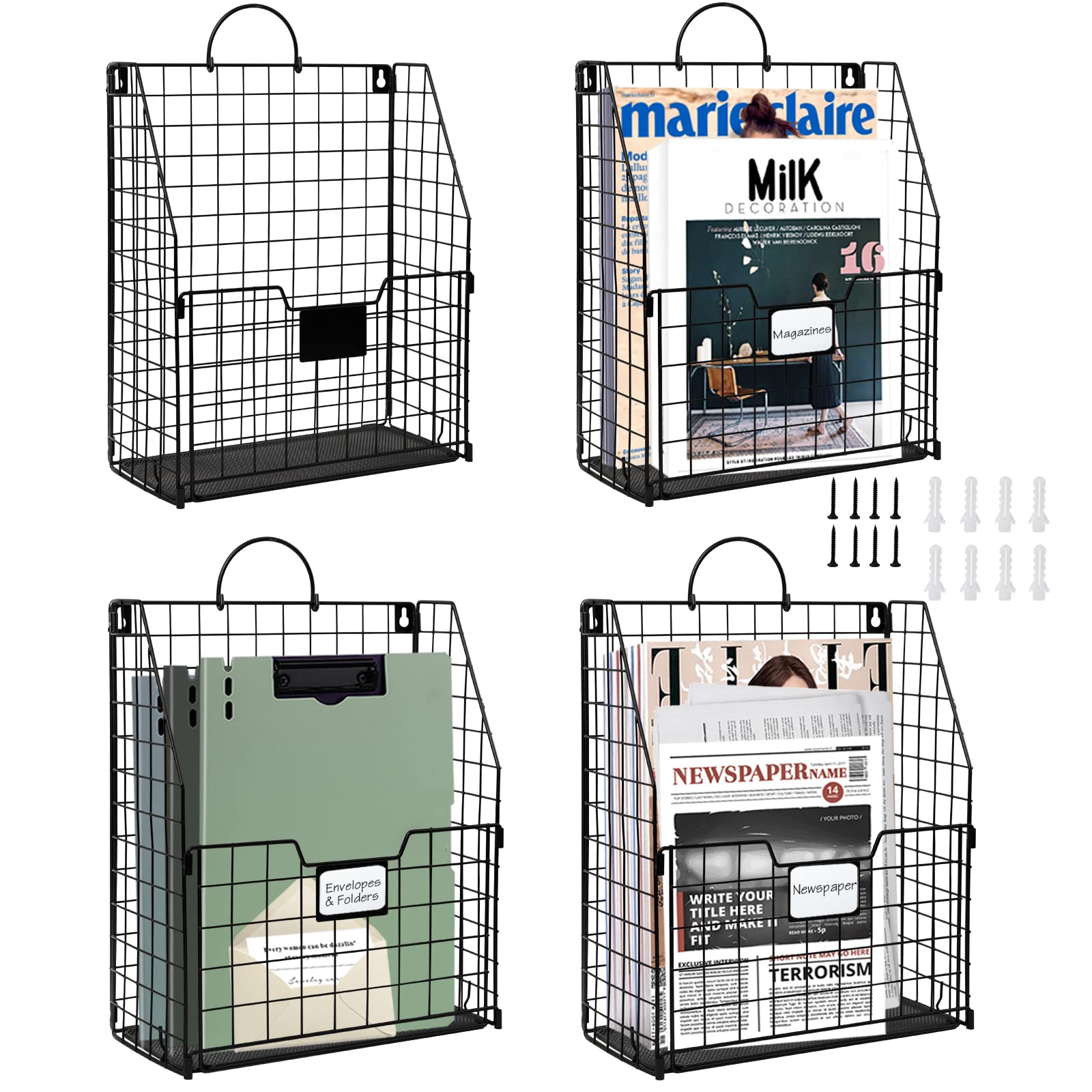 DILIBRA 4-Pack Hanging Wall File Organizer - Foldable Metal Wall Mounted Magazine & Mail Holder with Handle & Tag Slot - Black Office & Home Document Storage for Door, Wall, Cabinet Organization