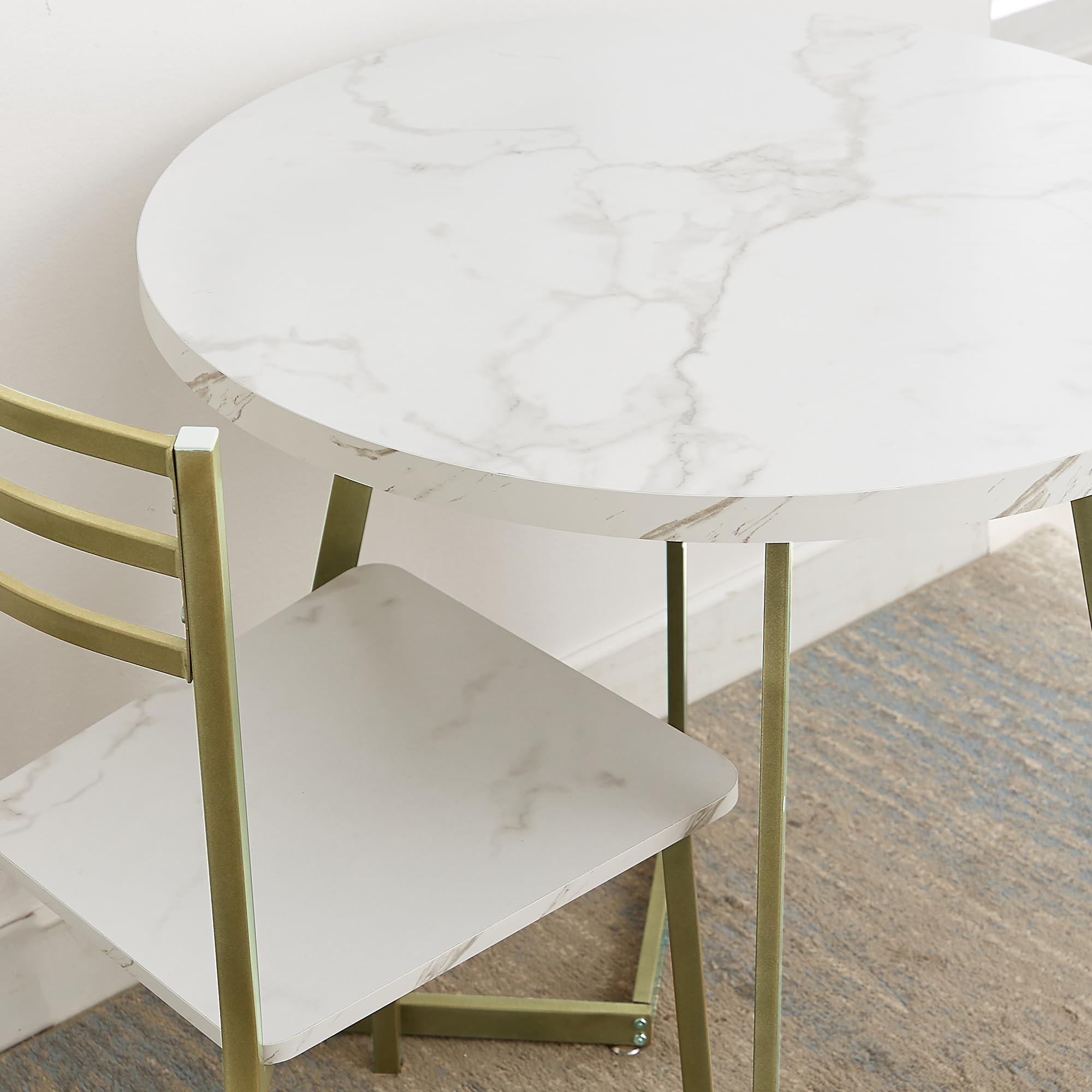 VECELO 2-Person Small Round Dining Table Set with Wood Tabletop & Sturdy Metal Frame - Modern Kitchen Dinette, Breakfast Nook & Living Room Furniture in White & Gold - Perfect for Small Spaces, Apartments & Cozy Dining Areas
