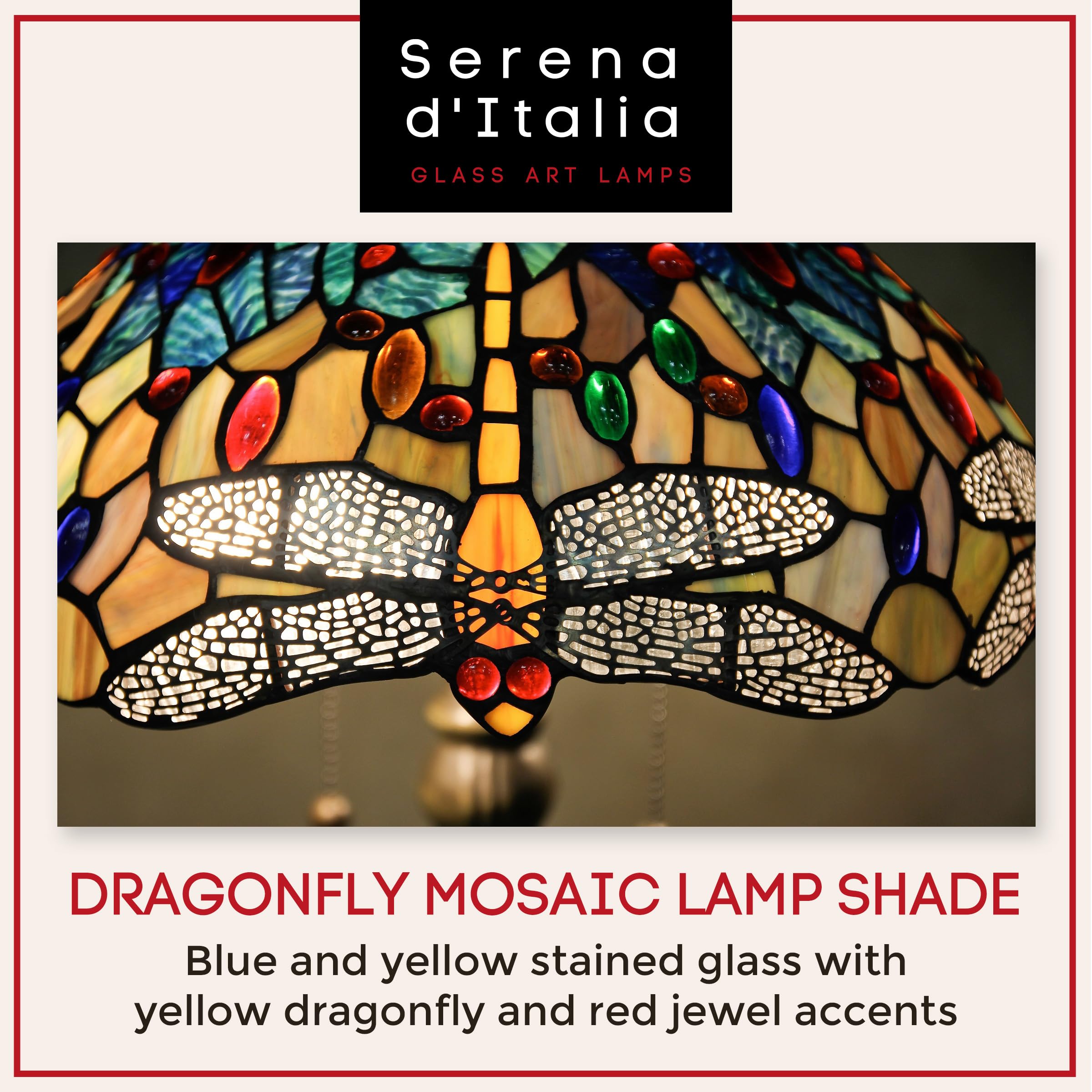 Serena D'italia Tiffany Table Lamp - Yellow Dragonfly Antique Desk & Nightstand Lamp - 22-inch Blue & Yellow Stained Glass Lamp for Bedroom, Living Room, Office Decor