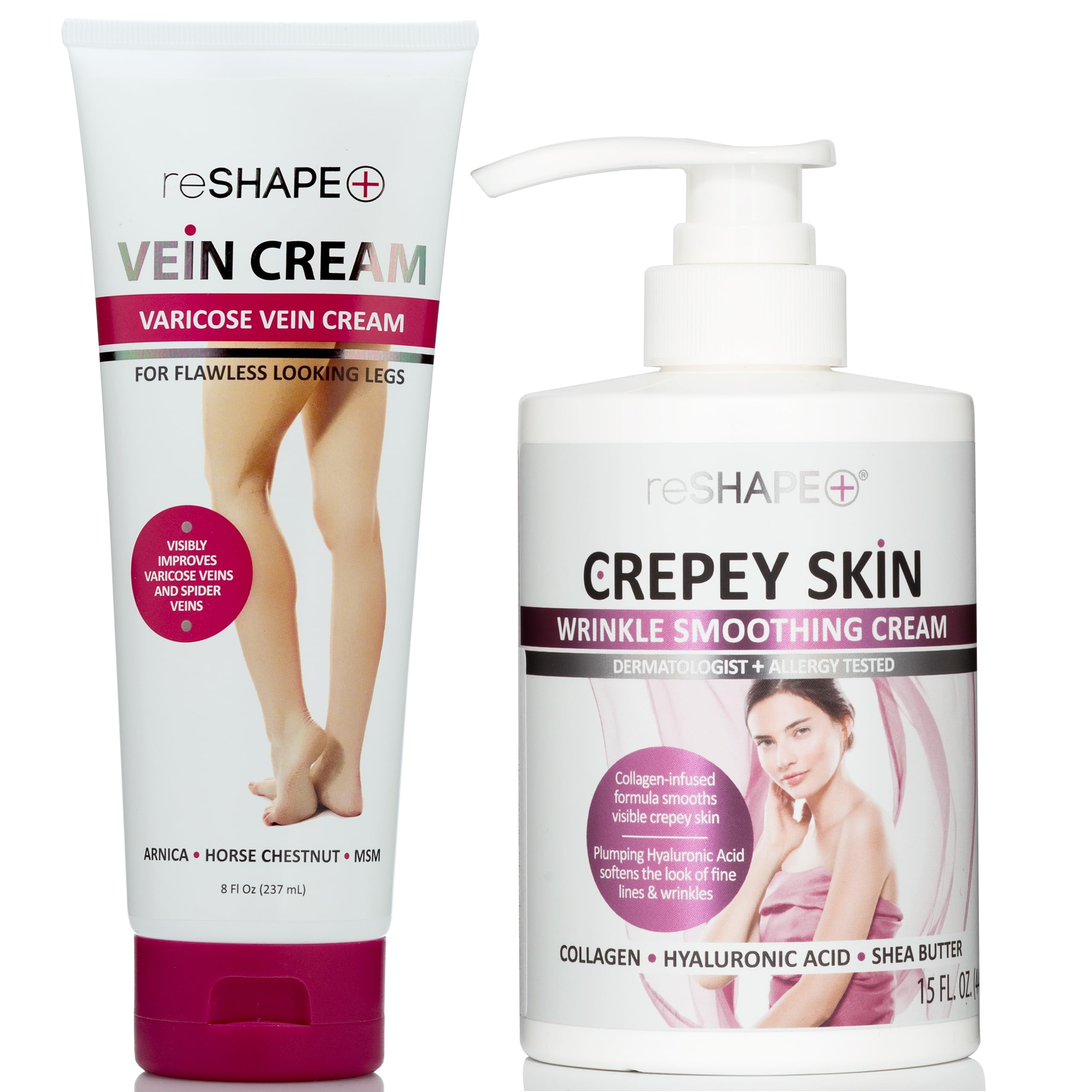 Reshape+ Anti-Aging Cream for Crepey Skin & Wrinkle Reduction | Varicose Vein Treatment Cream Set | Perfect for Night Routine & Leg Care