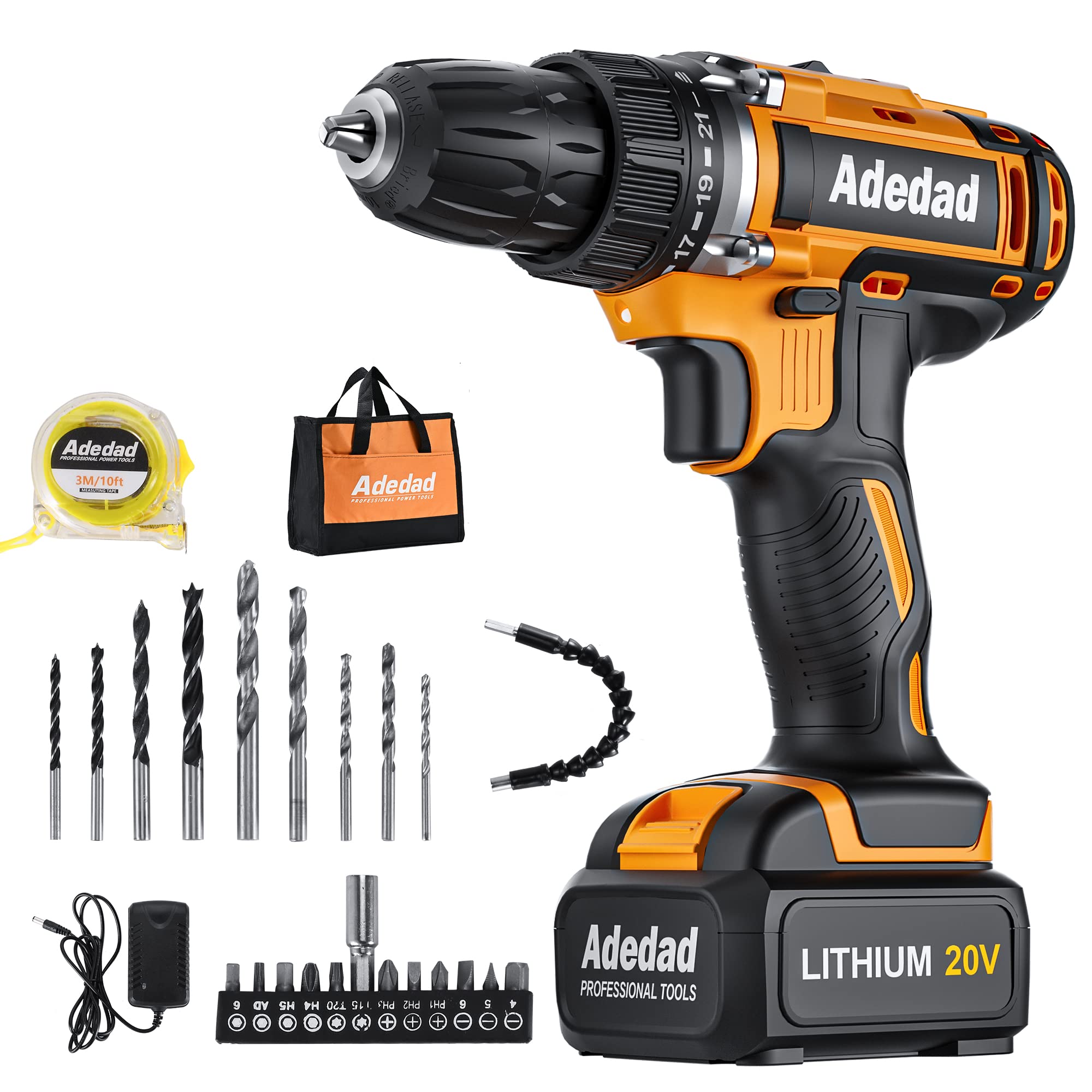 20V Cordless Drill Set - 27-Piece Electric Drill Kit with 2.0Ah Battery, 21+1 Metal Clutch, 2-Speed & LED Light | Power Tool for Home DIY, Woodworking, Metal Drilling & Screw Driving Projects