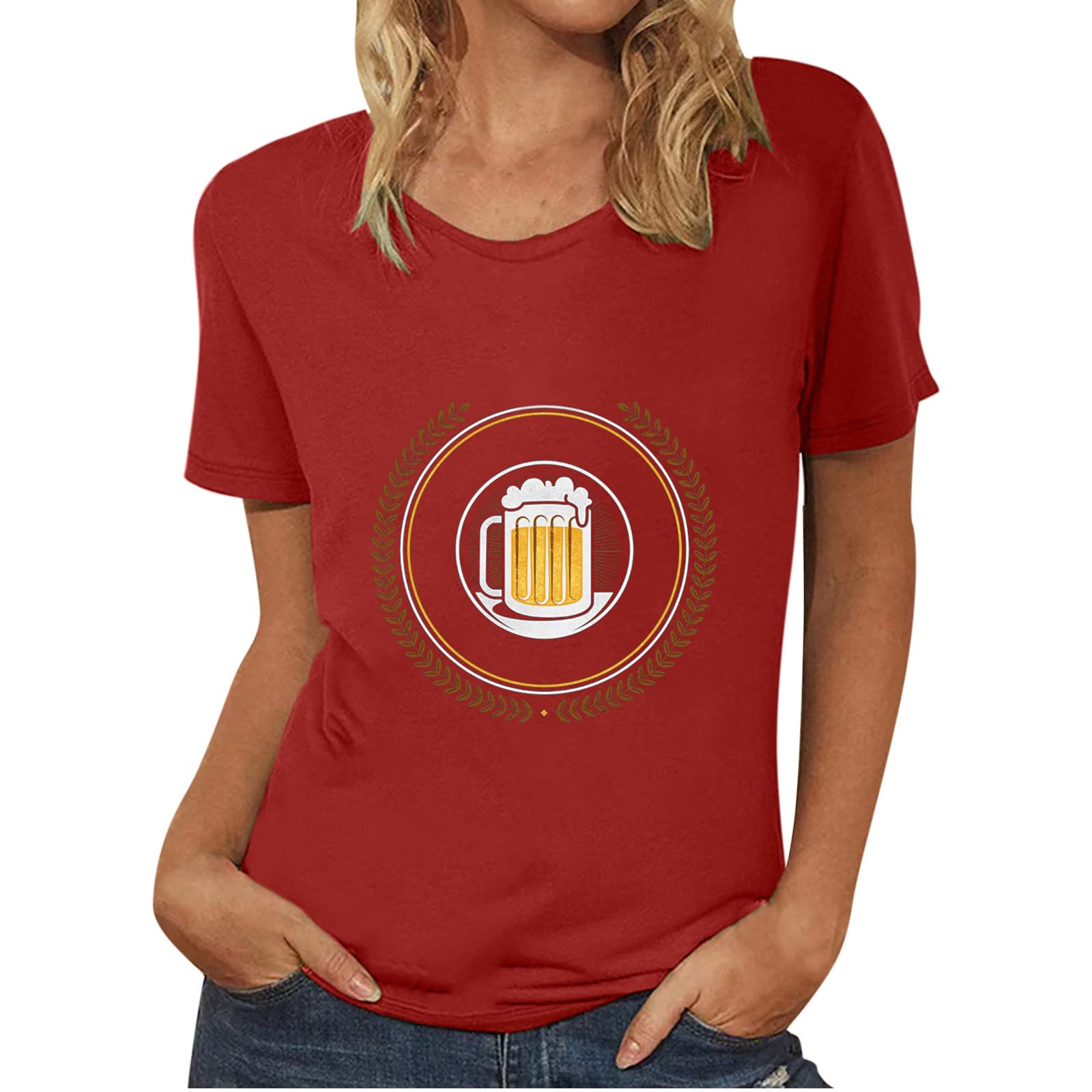 Women's Short Sleeve T-Shirt - Oktoberfest Beer Print Round Neck Casual Pullover Top | Summer Fashion, Festival Outfit, Bar Party Wear