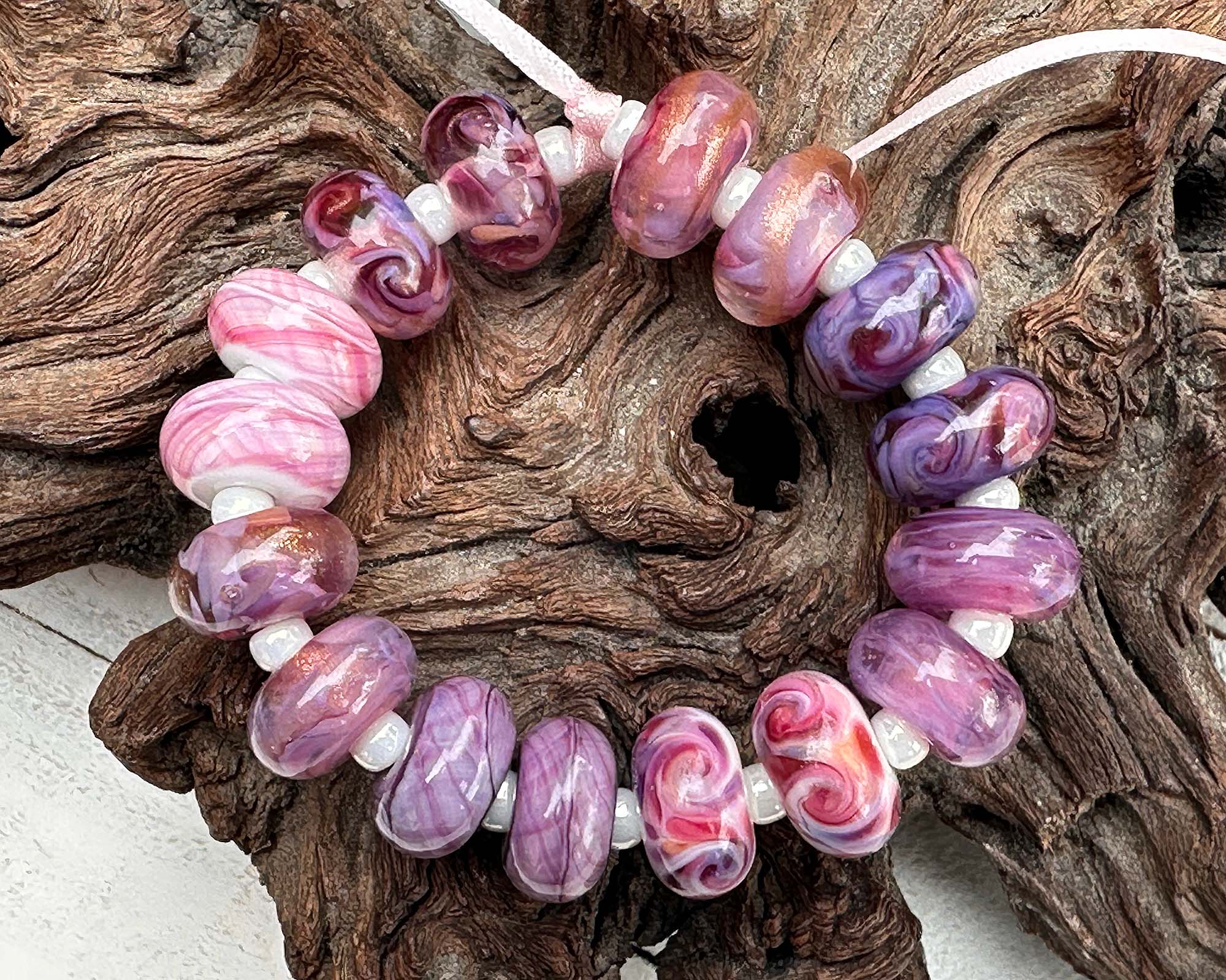 16PCS Lilac Love Pink Lampwork Glass Beads Set for Jewelry Making, DIY Bracelets & Necklaces - SRA Certified Handmade Beads for Crafting, Gifts & Home Decor