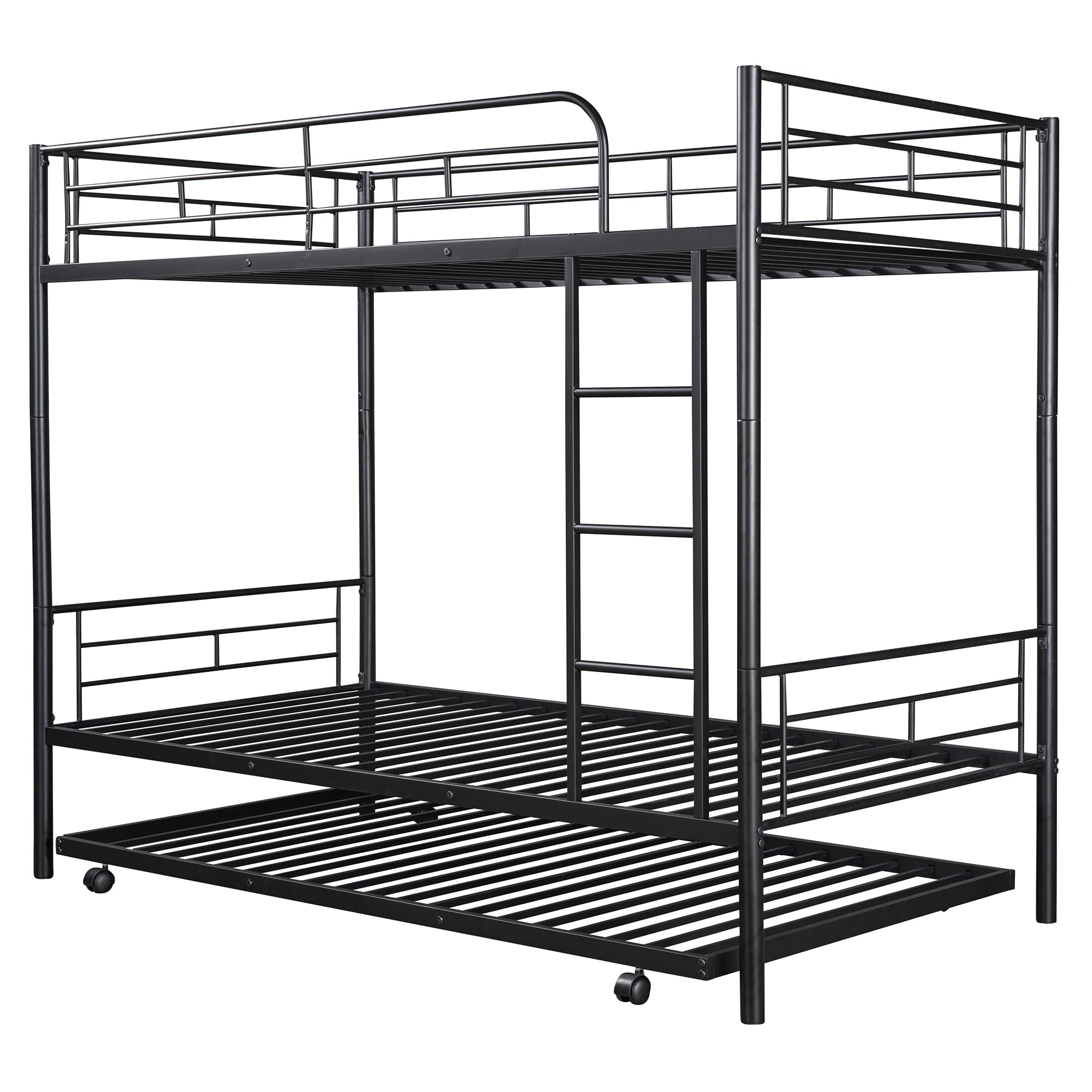 P PURLOVE Twin Over Twin Metal Bunk Bed with Trundle - Space Saving Convertible Bunk Bed Frame with Ladder - Separates into 2 Individual Beds - No Box Spring Required (Black) - Perfect for Kids' Rooms, Guest Rooms & Small Spaces