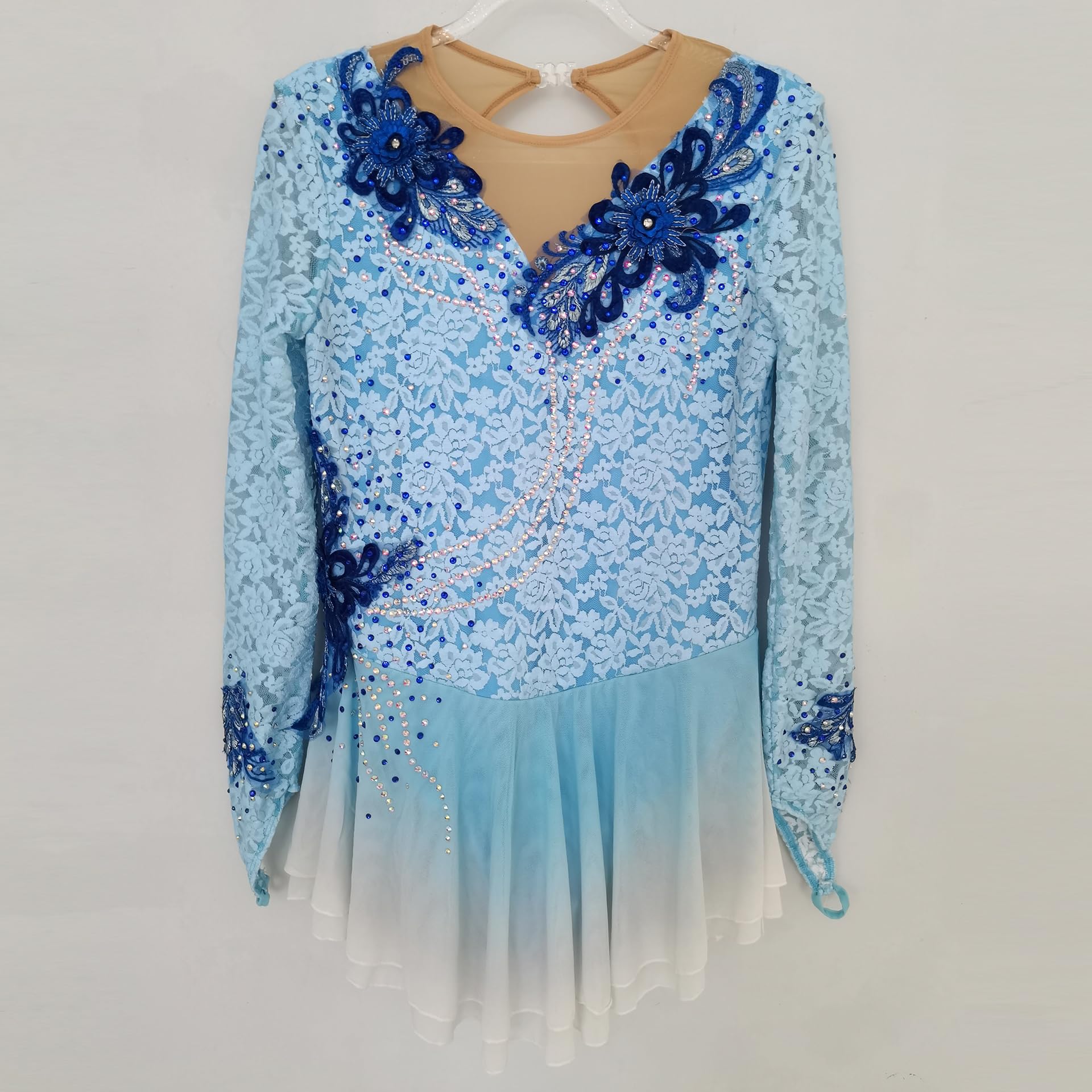 LIUHUO Girls Figure Skating Dress - Blue Lace Gradient Competition Costume for Ice Skating Performances & Shows | Elegant Ballet Skirt for Ice Dance & Gymnastics Routines